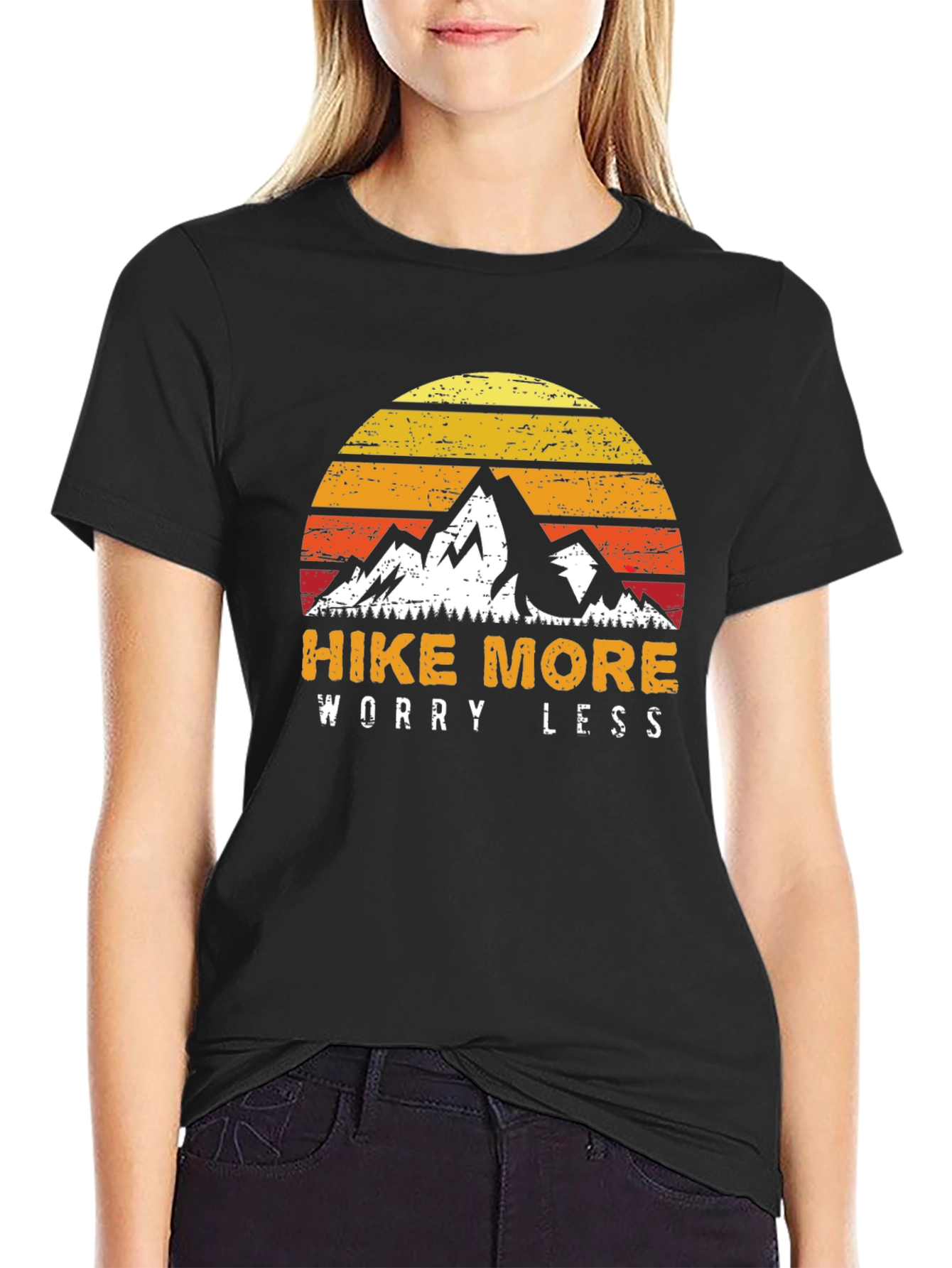 Hike More Worry Less T-Shirt - Mountain Sunset Design