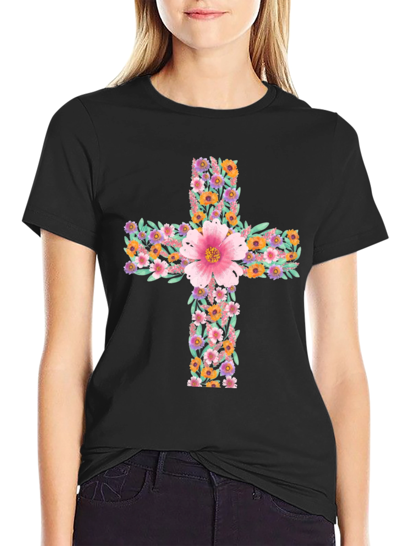 Floral Cross Graphic Tee - Stylish Christian Apparel