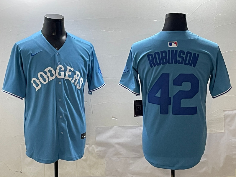 Men's Los Angeles Dodgers Jackie Robinson #42 Light Blue Replica Player Jerseys