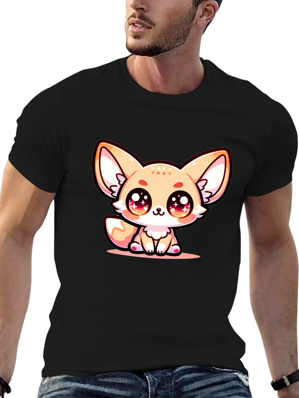 Cute Fennec Fox Graphic Tee - Black Cotton Blend