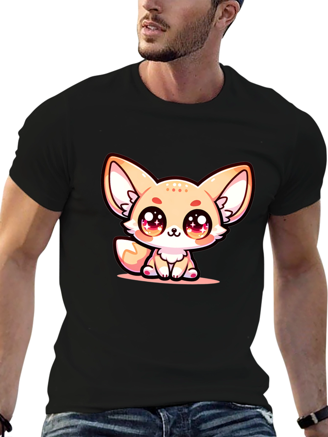 Cute Fennec Fox Graphic Tee - Black Cotton Blend
