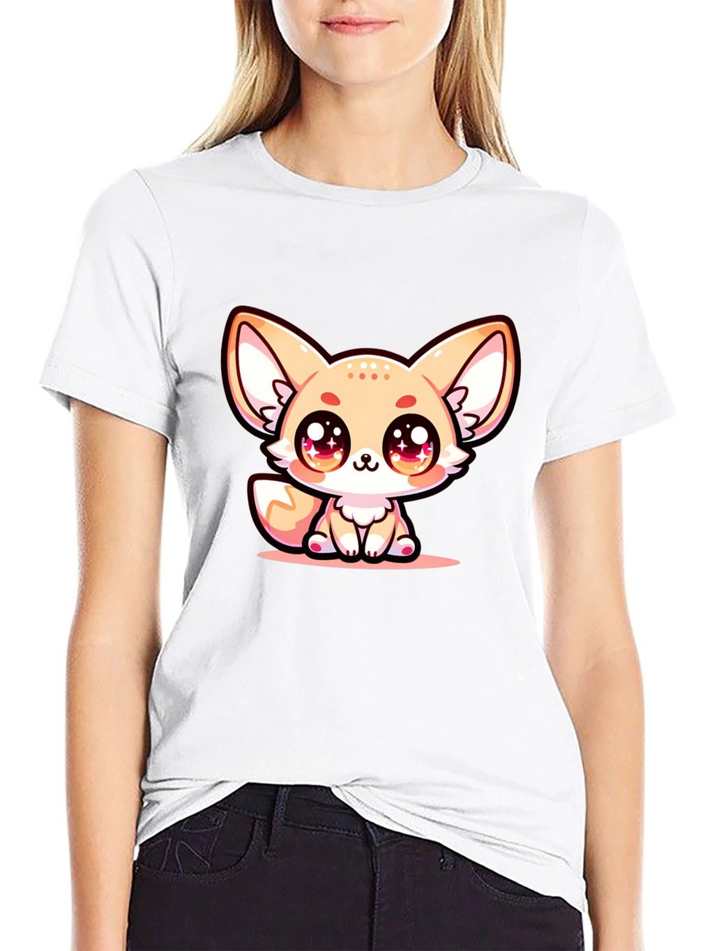 Cute Fennec Fox Graphic Tee - Black Cotton Blend