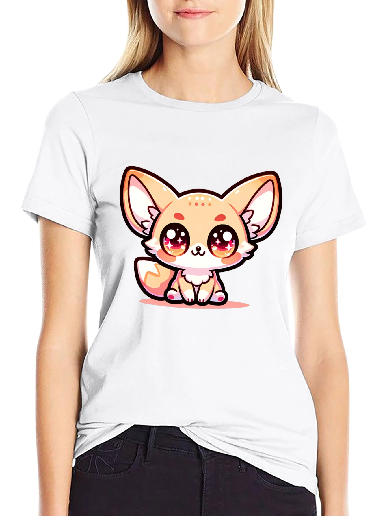 Cute Fennec Fox Graphic Tee - Black Cotton Blend