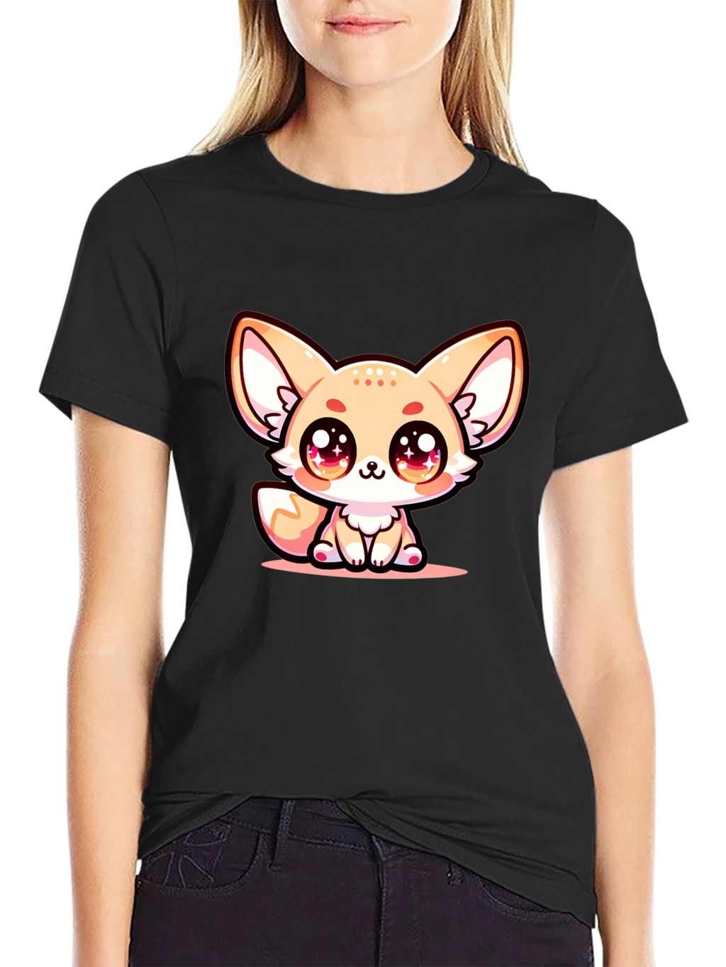 Cute Fennec Fox Graphic Tee - Black Cotton Blend