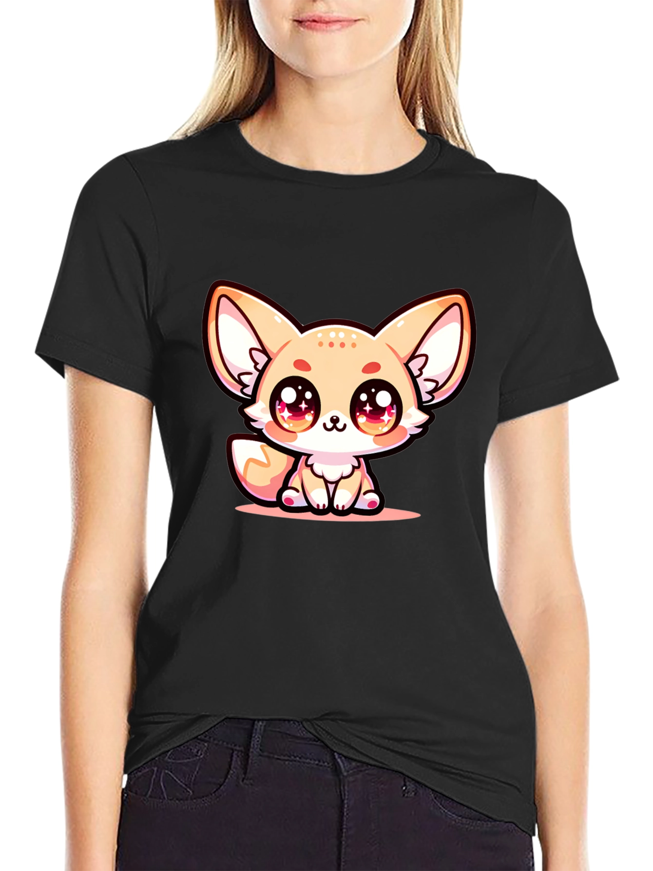 Cute Fennec Fox Graphic Tee - Black Cotton Blend