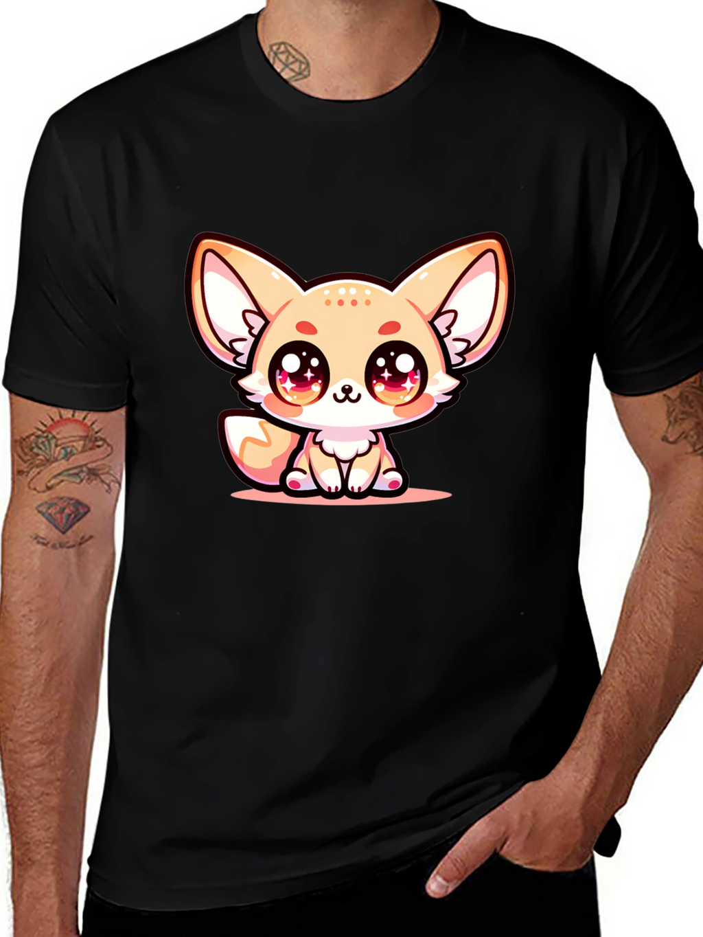 Cute Fennec Fox Graphic Tee - Black Cotton Blend