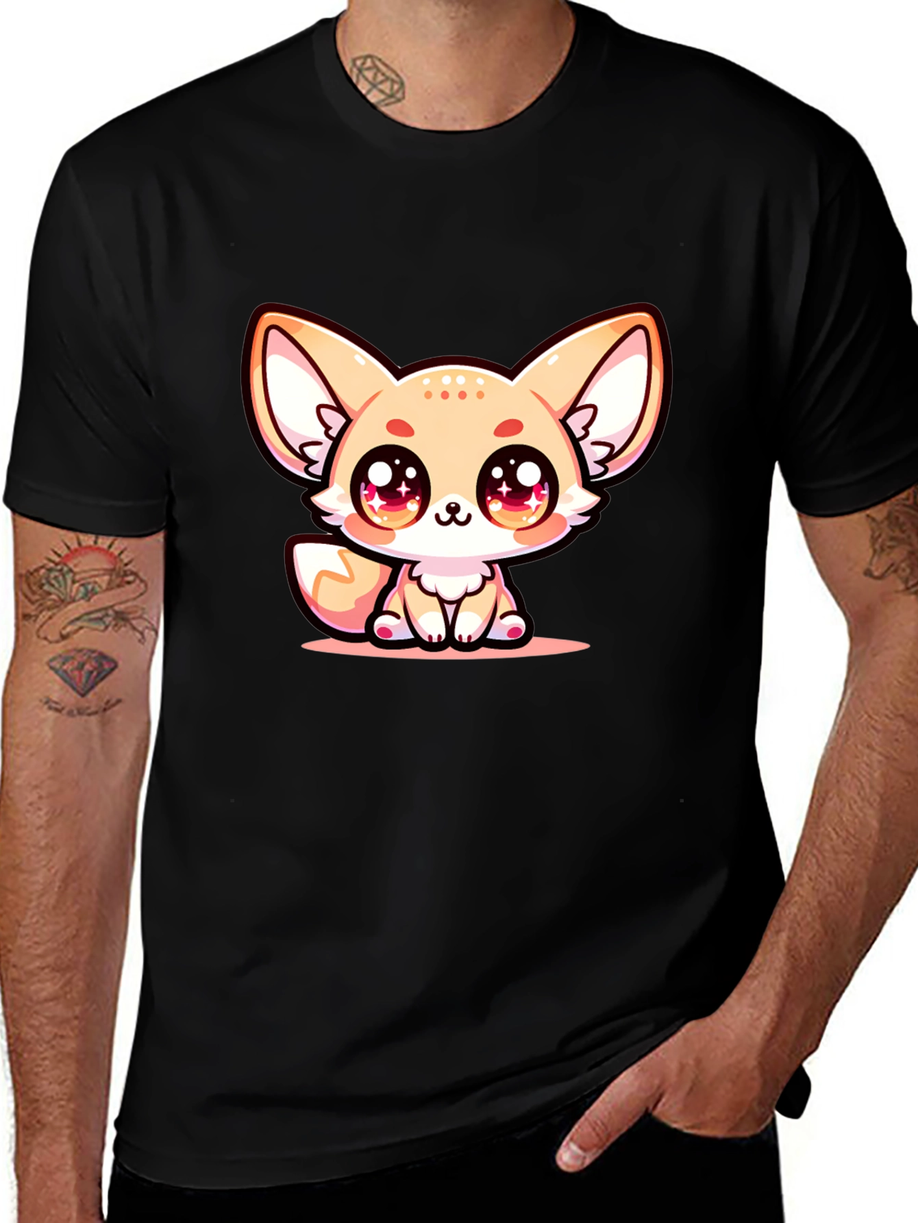 Cute Fennec Fox Graphic Tee - Black Cotton Blend
