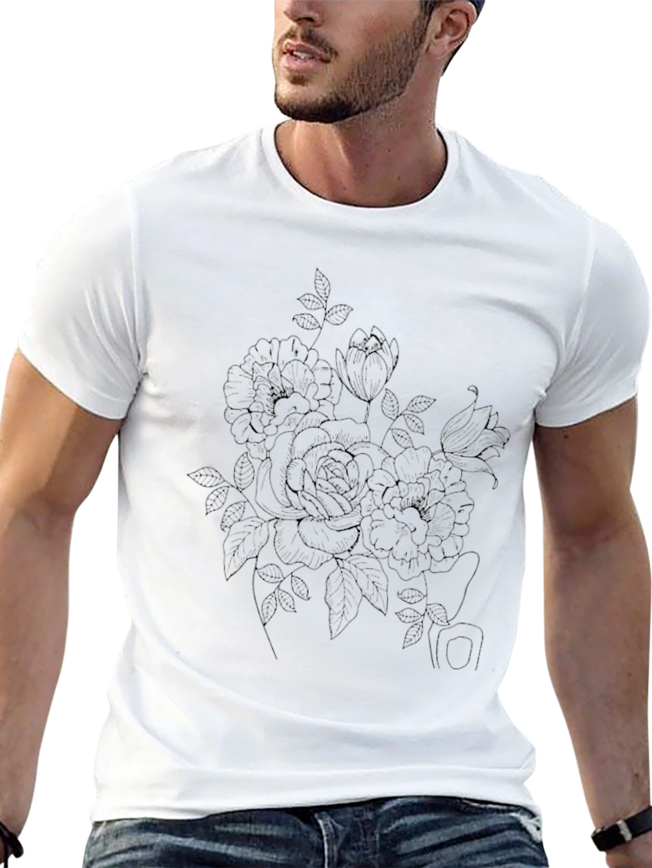 Elegant Floral Graphic Tee - Soft Black Cotton