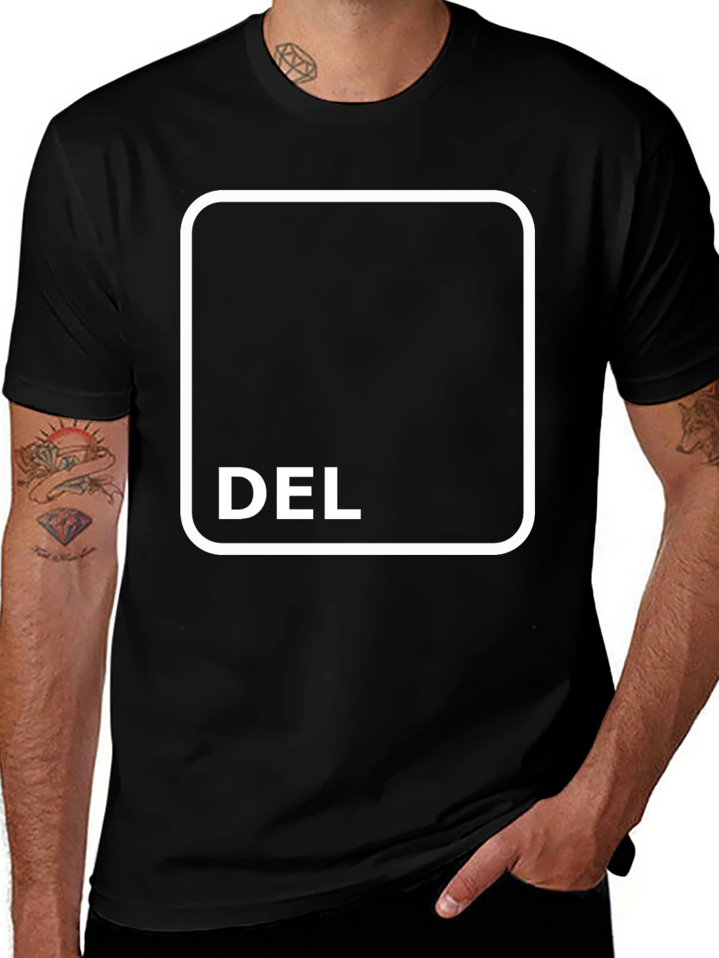 Black T-Shirt with DEL Button Design