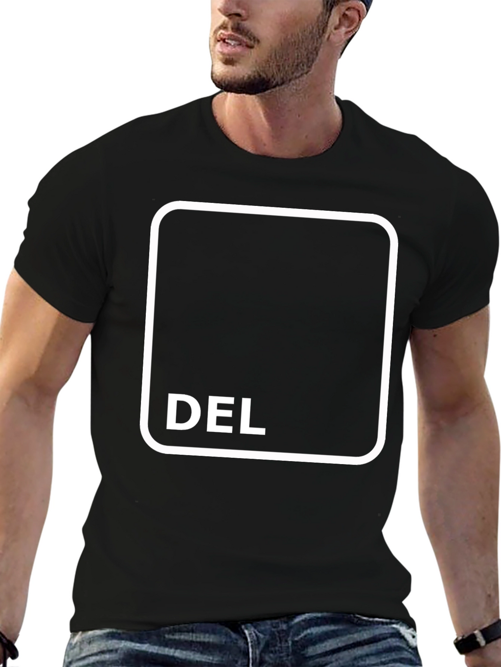 Black T-Shirt with DEL Button Design
