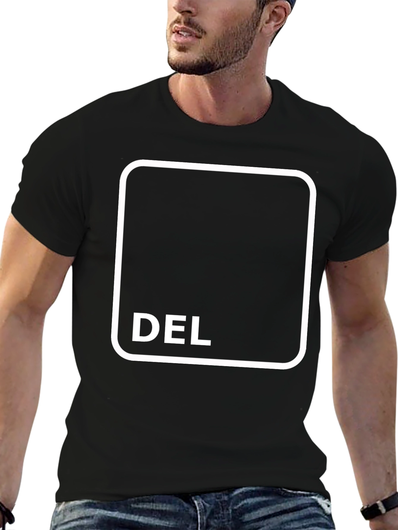 Black T-Shirt with DEL Button Design
