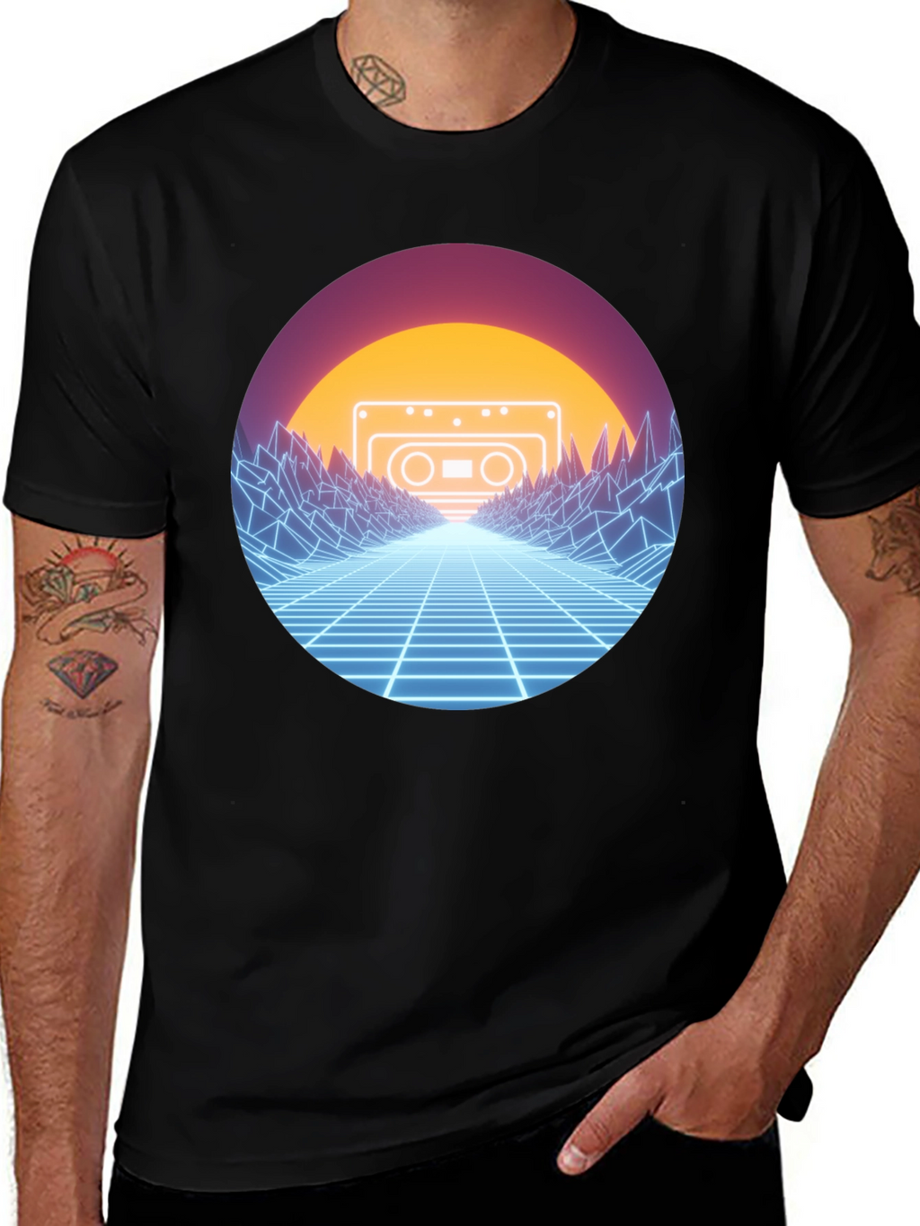 Retro Wave Cassette T-Shirt - Neon Grid Design
