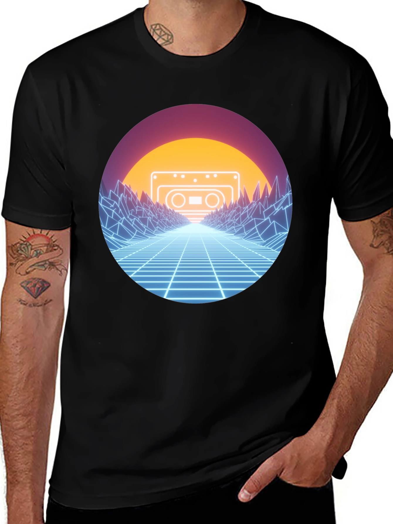 Retro Wave Cassette T-Shirt - Neon Grid Design