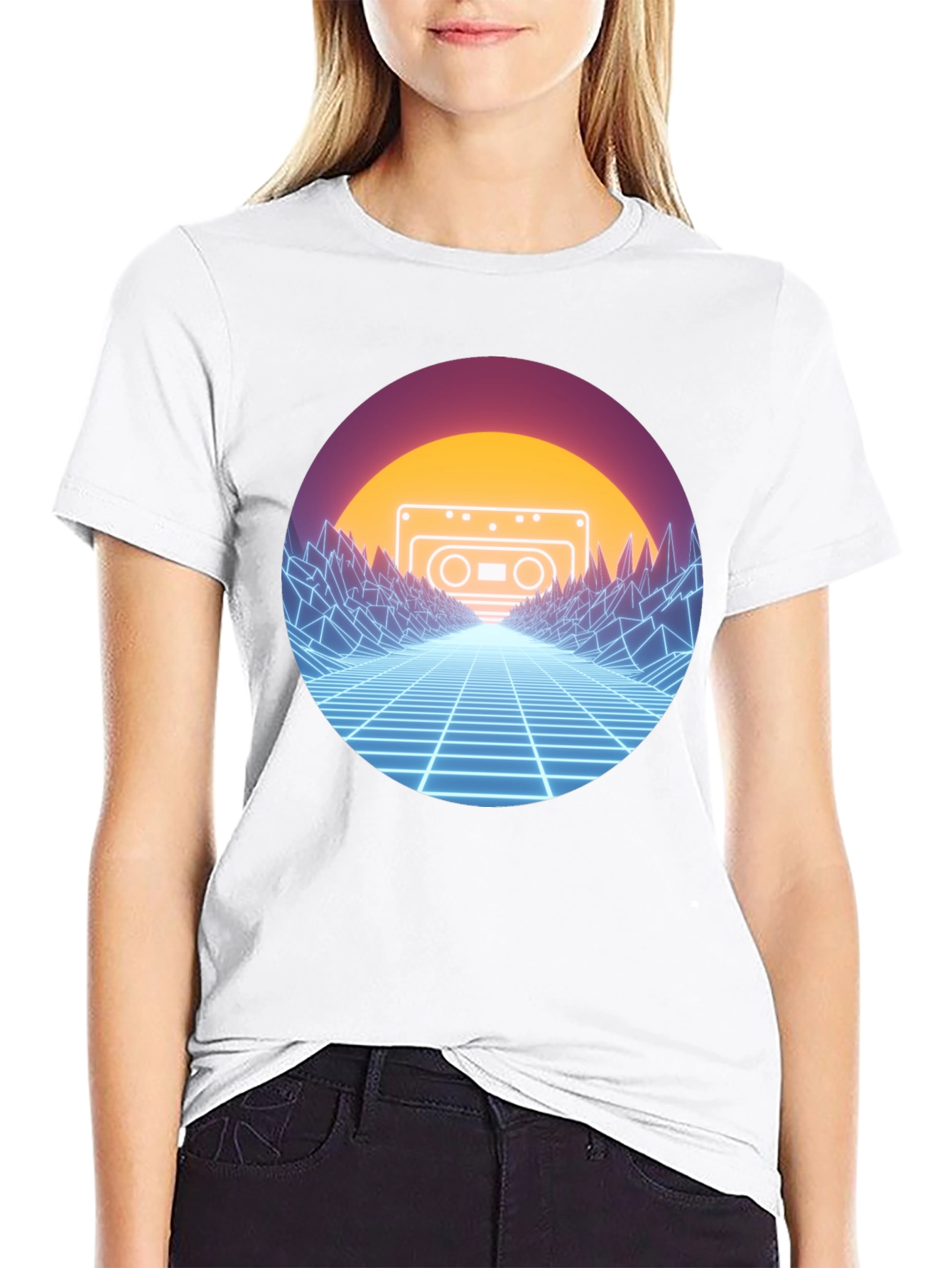Retro Wave Cassette T-Shirt - Neon Grid Design