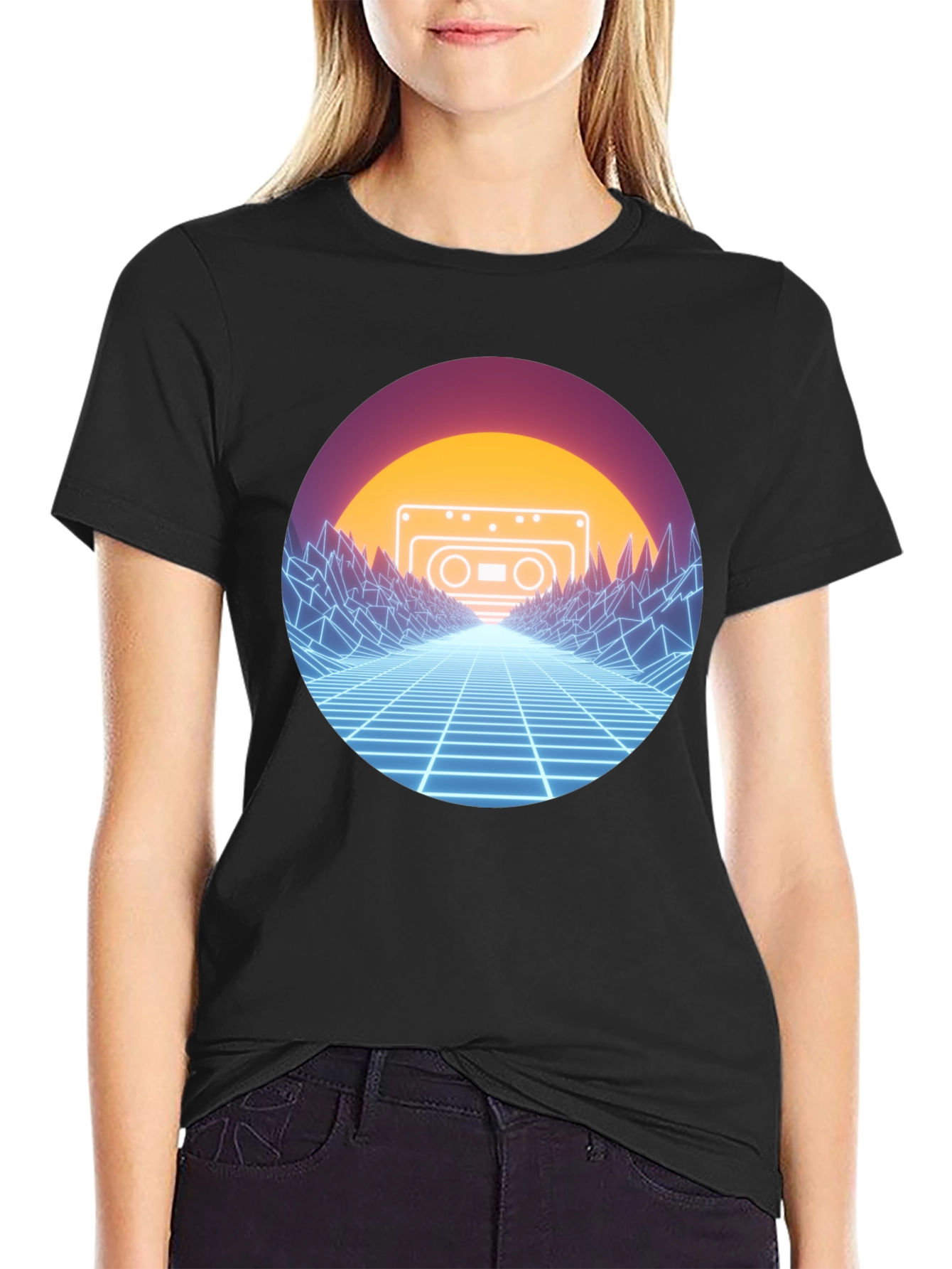Retro Wave Cassette T-Shirt - Neon Grid Design