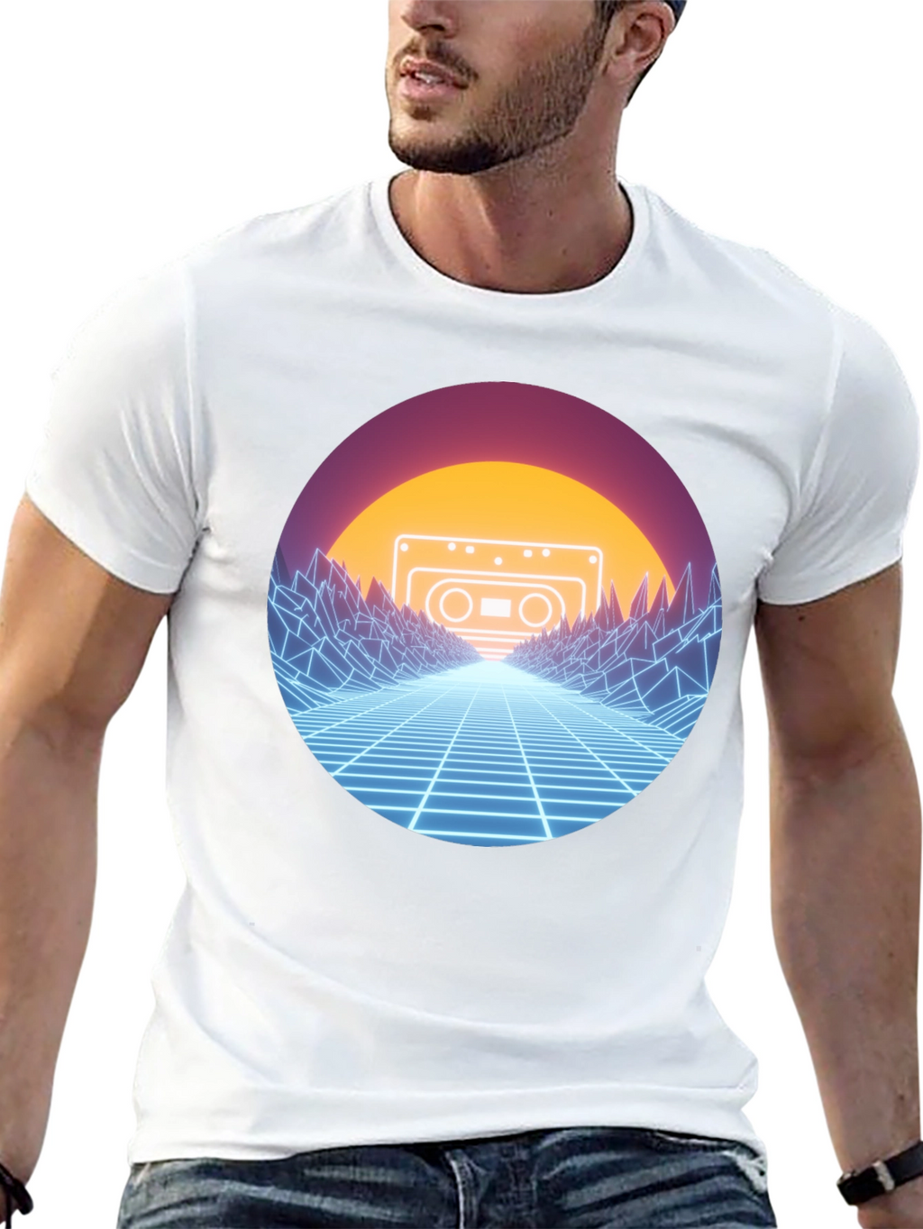 Retro Wave Cassette T-Shirt - Neon Grid Design