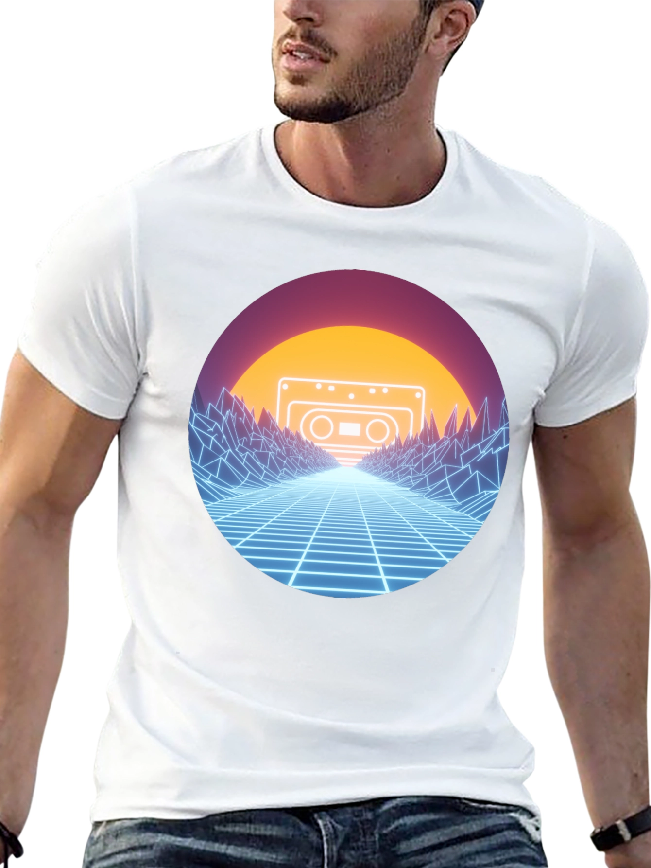 Retro Wave Cassette T-Shirt - Neon Grid Design