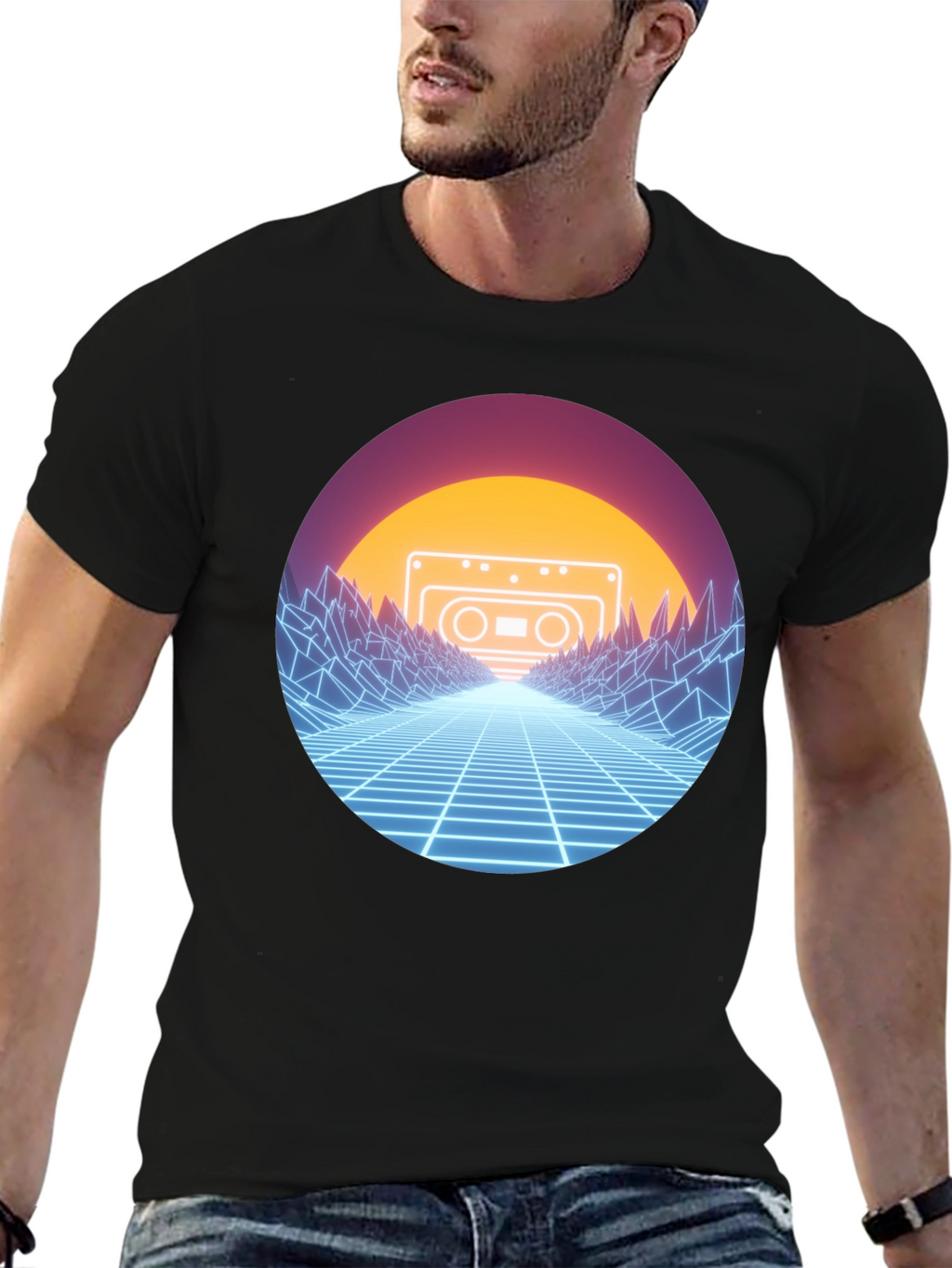 Retro Wave Cassette T-Shirt - Neon Grid Design
