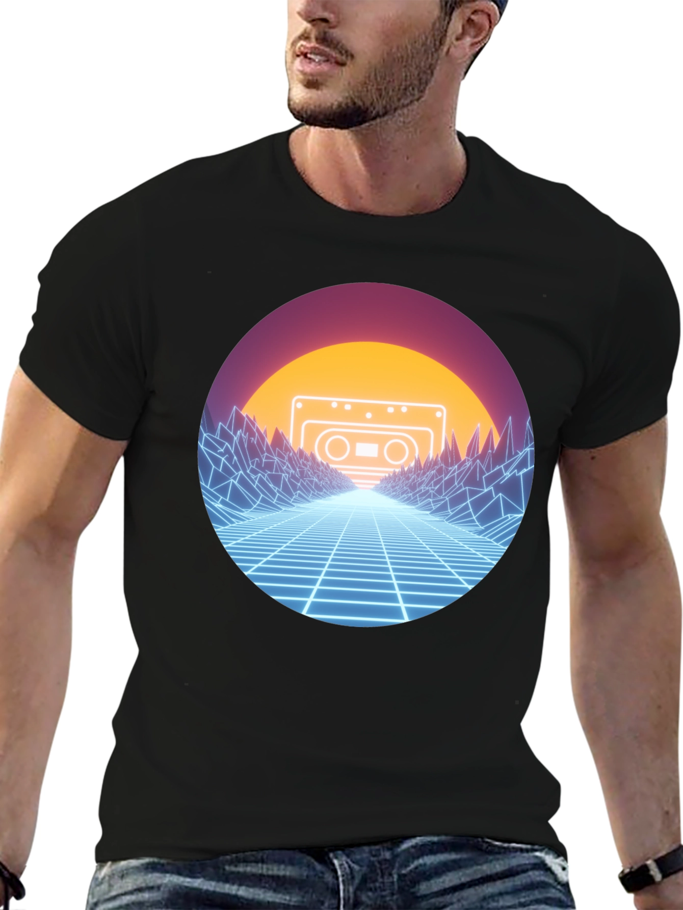 Retro Wave Cassette T-Shirt - Neon Grid Design