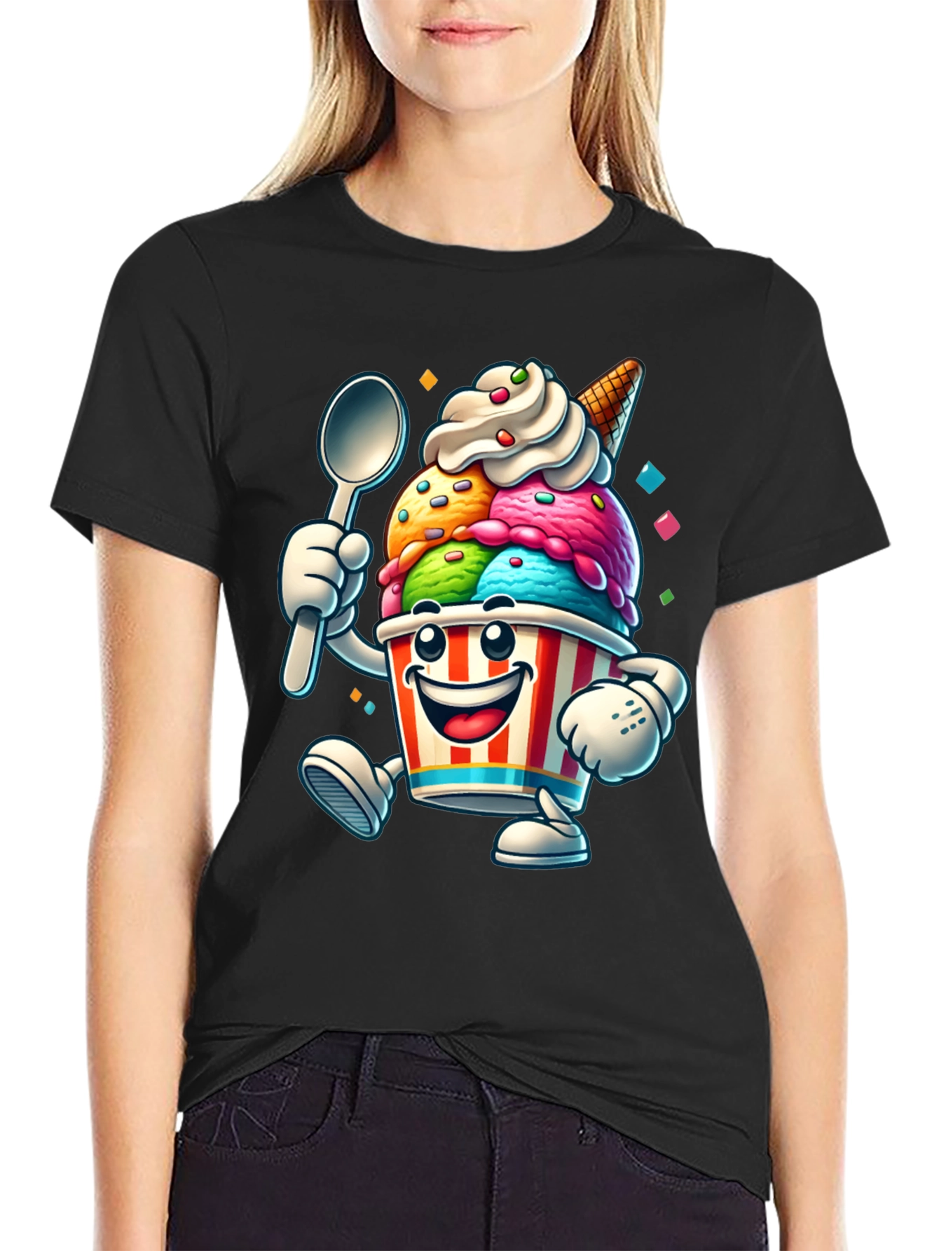Cartoon Ice Cream Graphic Tee - Black
