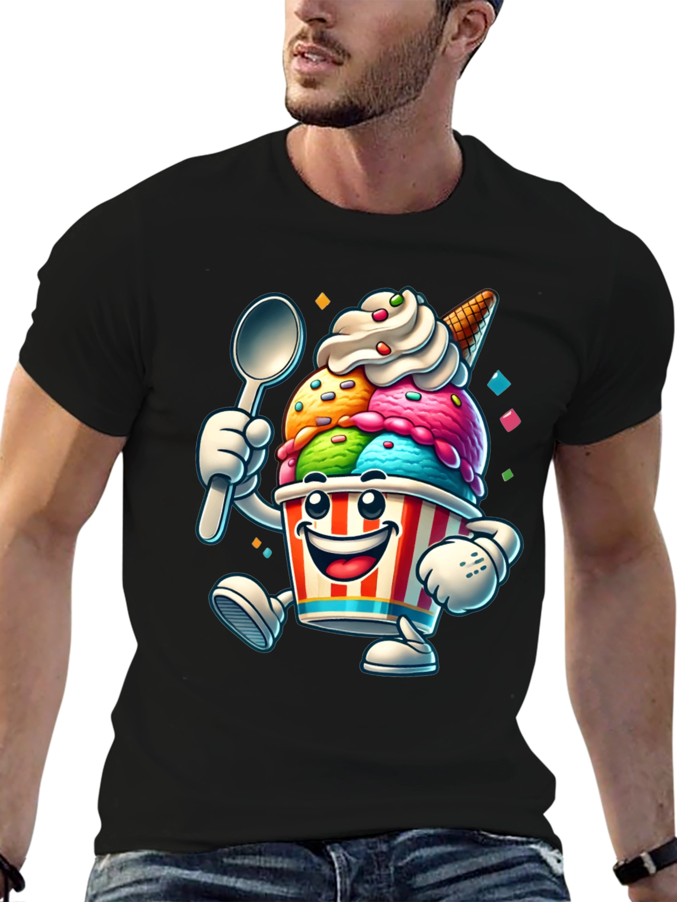 Cartoon Ice Cream Graphic Tee - Black