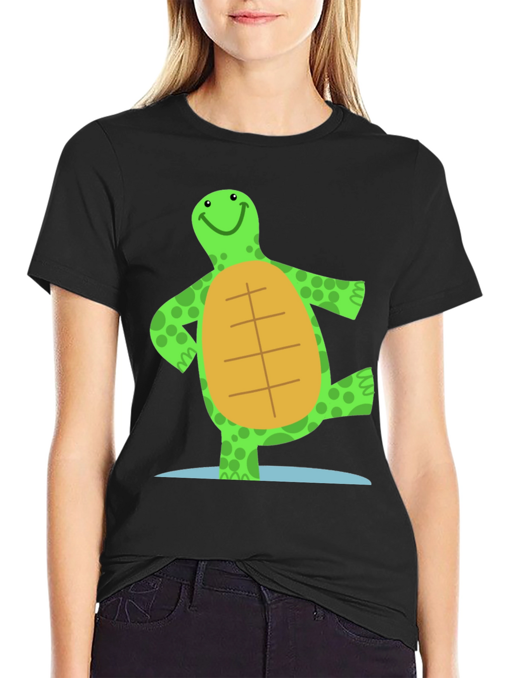 Cheerful Turtle Graphic Tee - Black Cotton Blend
