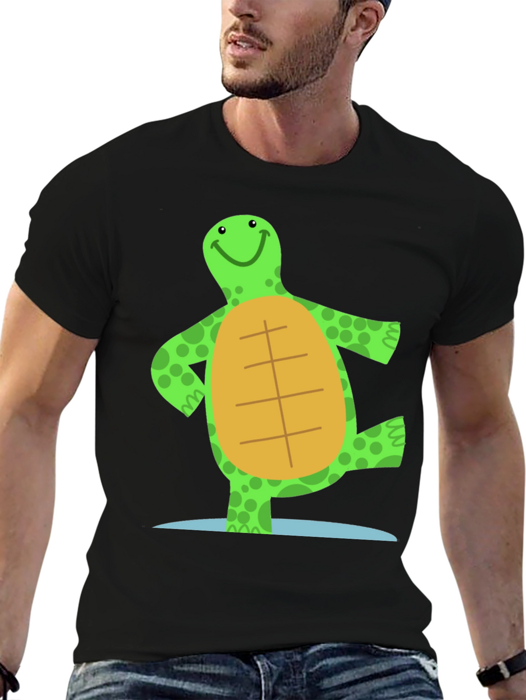 Cheerful Turtle Graphic Tee - Black Cotton Blend