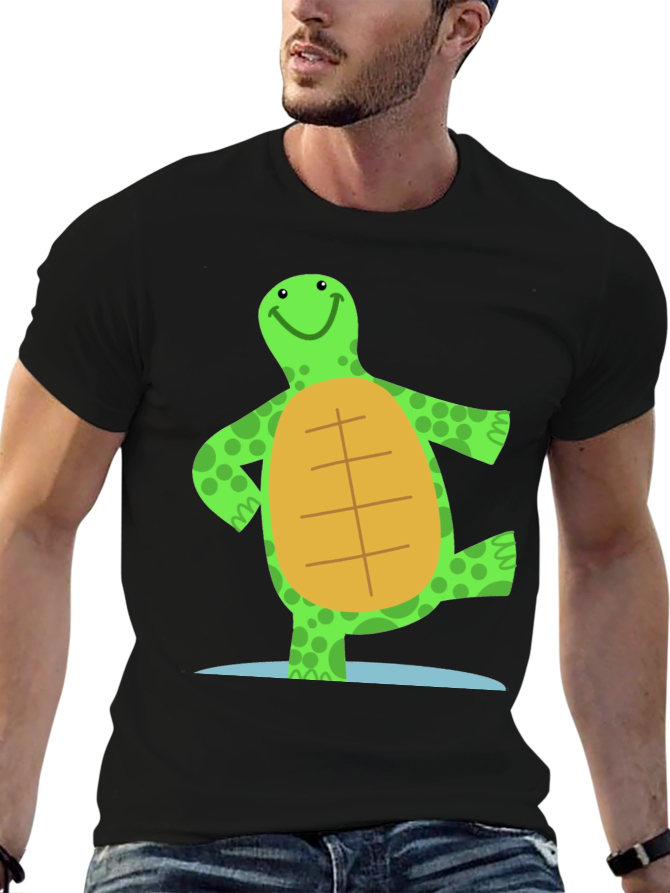 Cheerful Turtle Graphic Tee - Black Cotton Blend