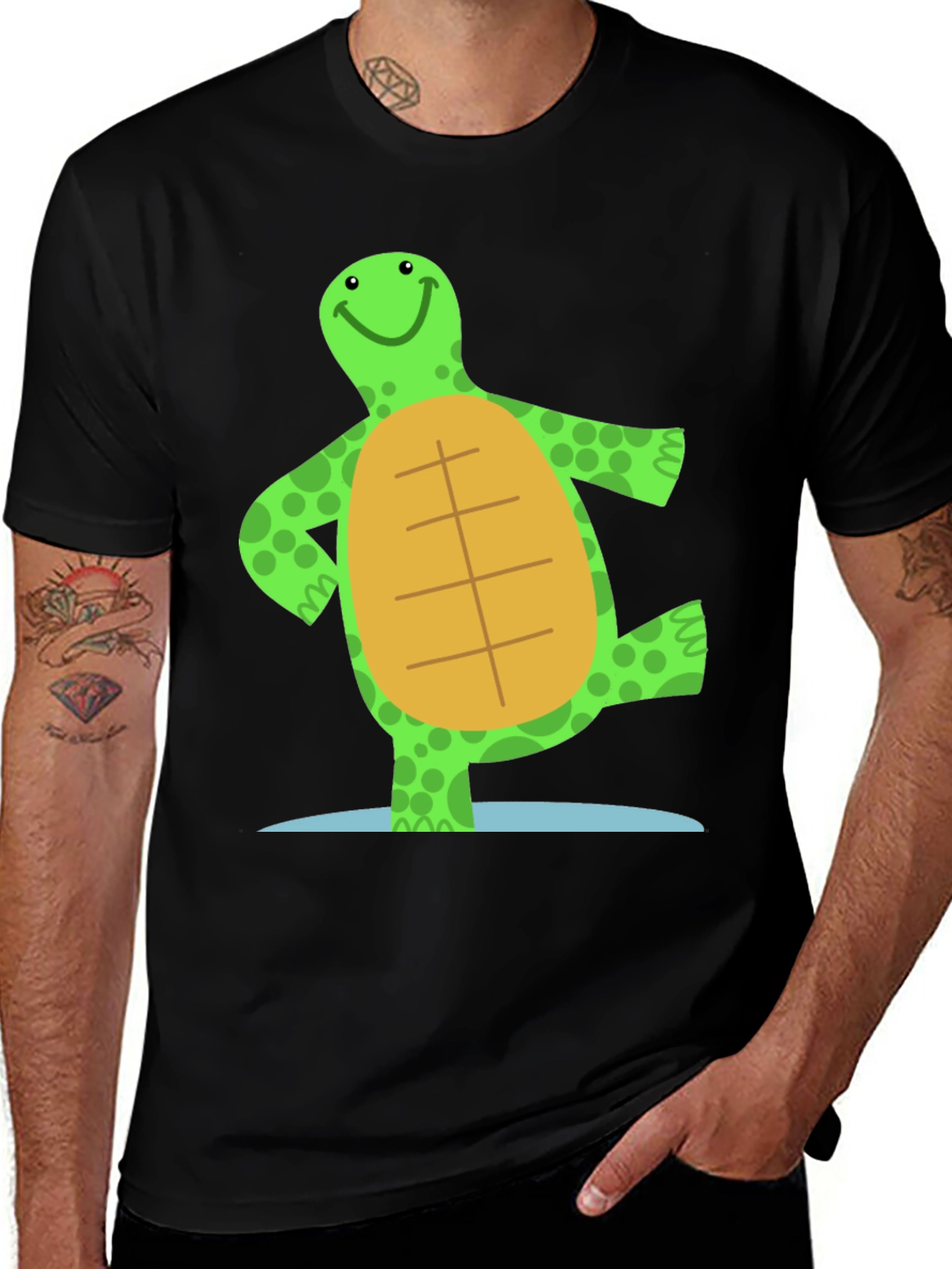 Cheerful Turtle Graphic Tee - Black Cotton Blend
