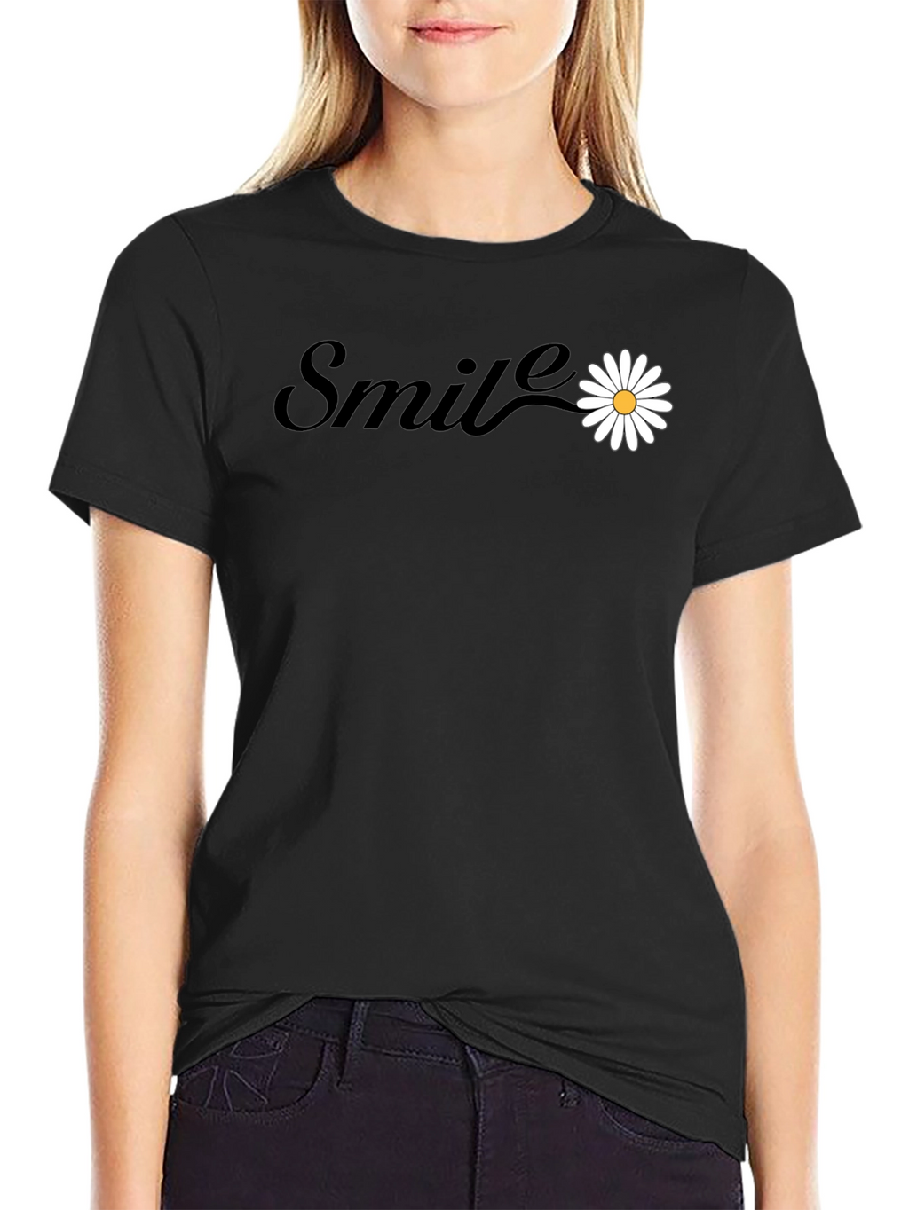 Smile Daisy Graphic Tee - Black Cotton Blend