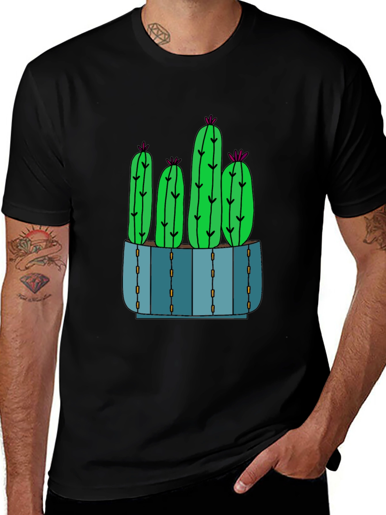 Cactus T-Shirt - Black Cotton Tee with Potted Cactus Design