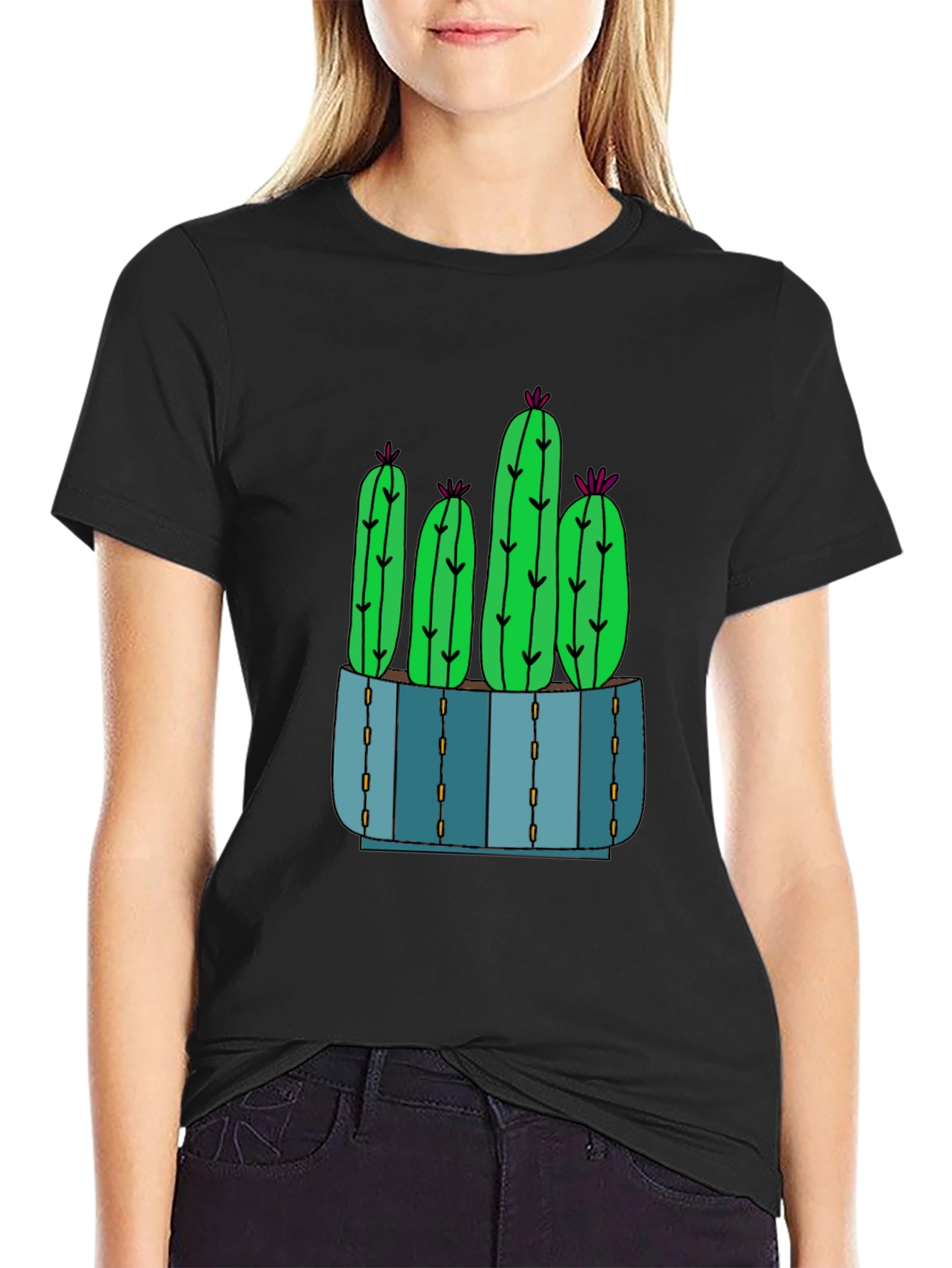 Cactus T-Shirt - Black Cotton Tee with Potted Cactus Design