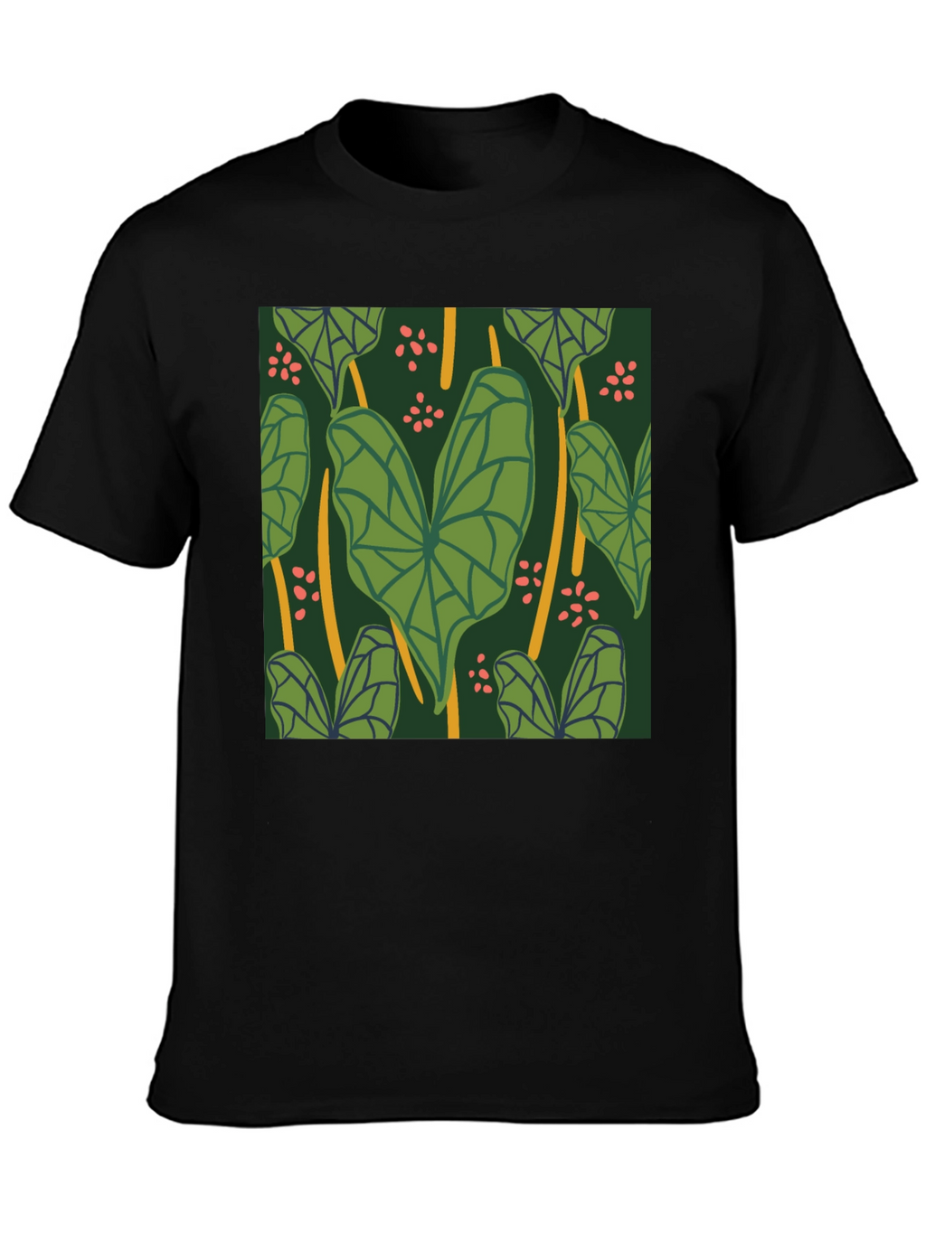 Tropical Leaf Pattern Black T-Shirt