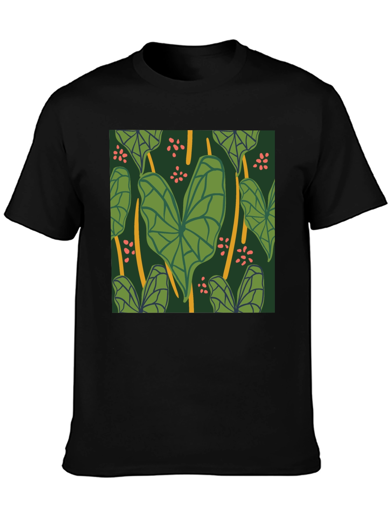 Tropical Leaf Pattern Black T-Shirt