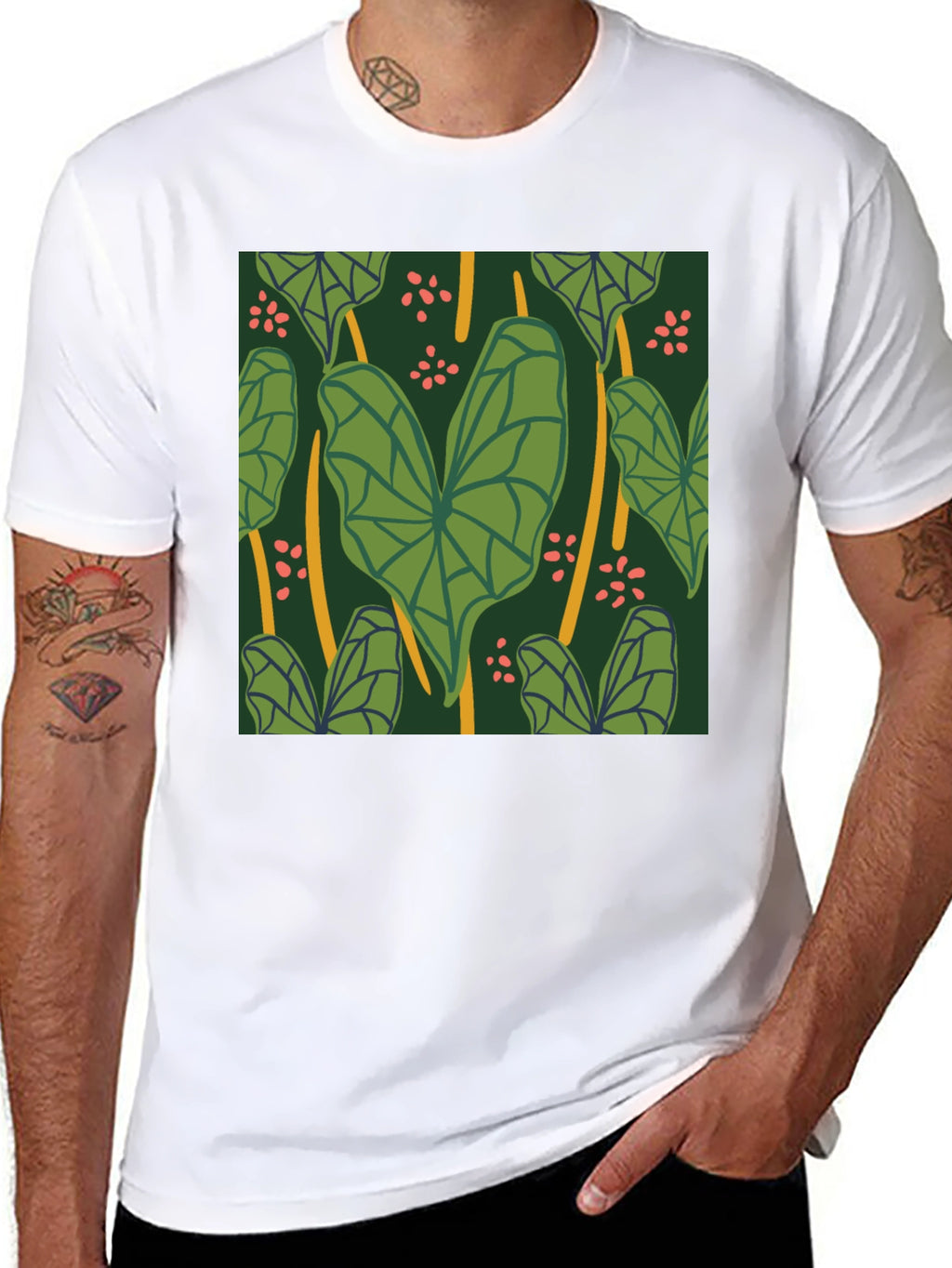 Tropical Leaf Pattern Black T-Shirt