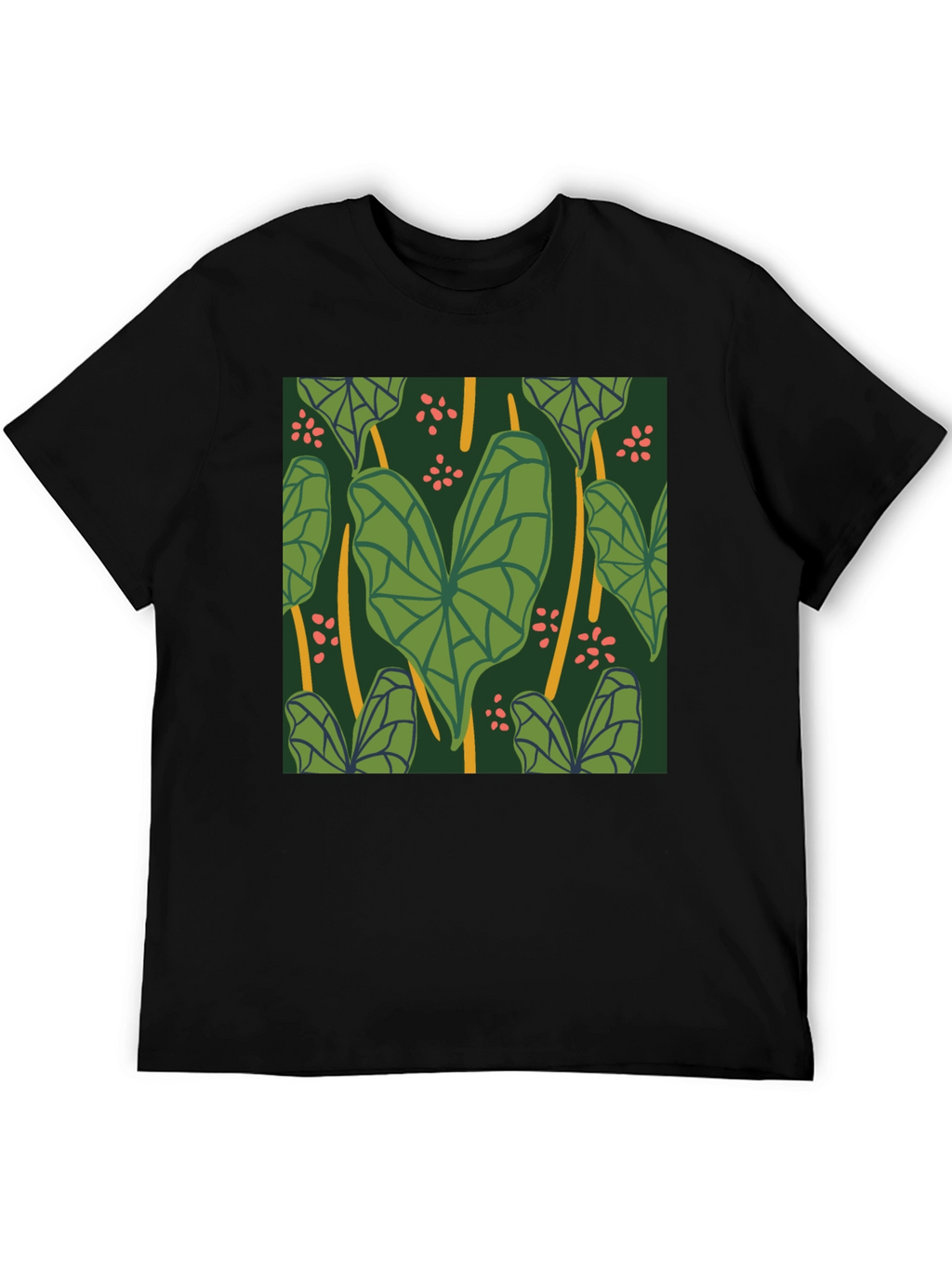 Tropical Leaf Pattern Black T-Shirt