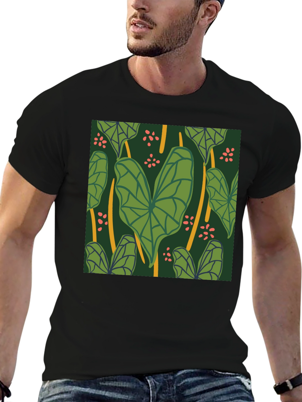 Tropical Leaf Pattern Black T-Shirt