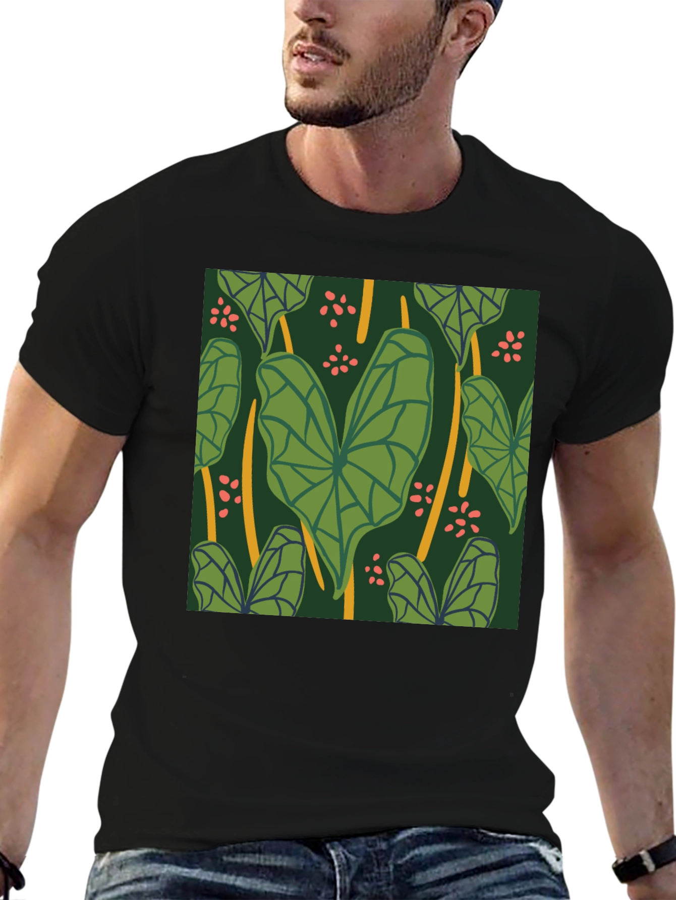 Tropical Leaf Pattern Black T-Shirt