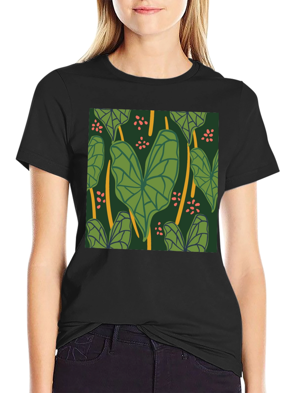 Tropical Leaf Pattern Black T-Shirt