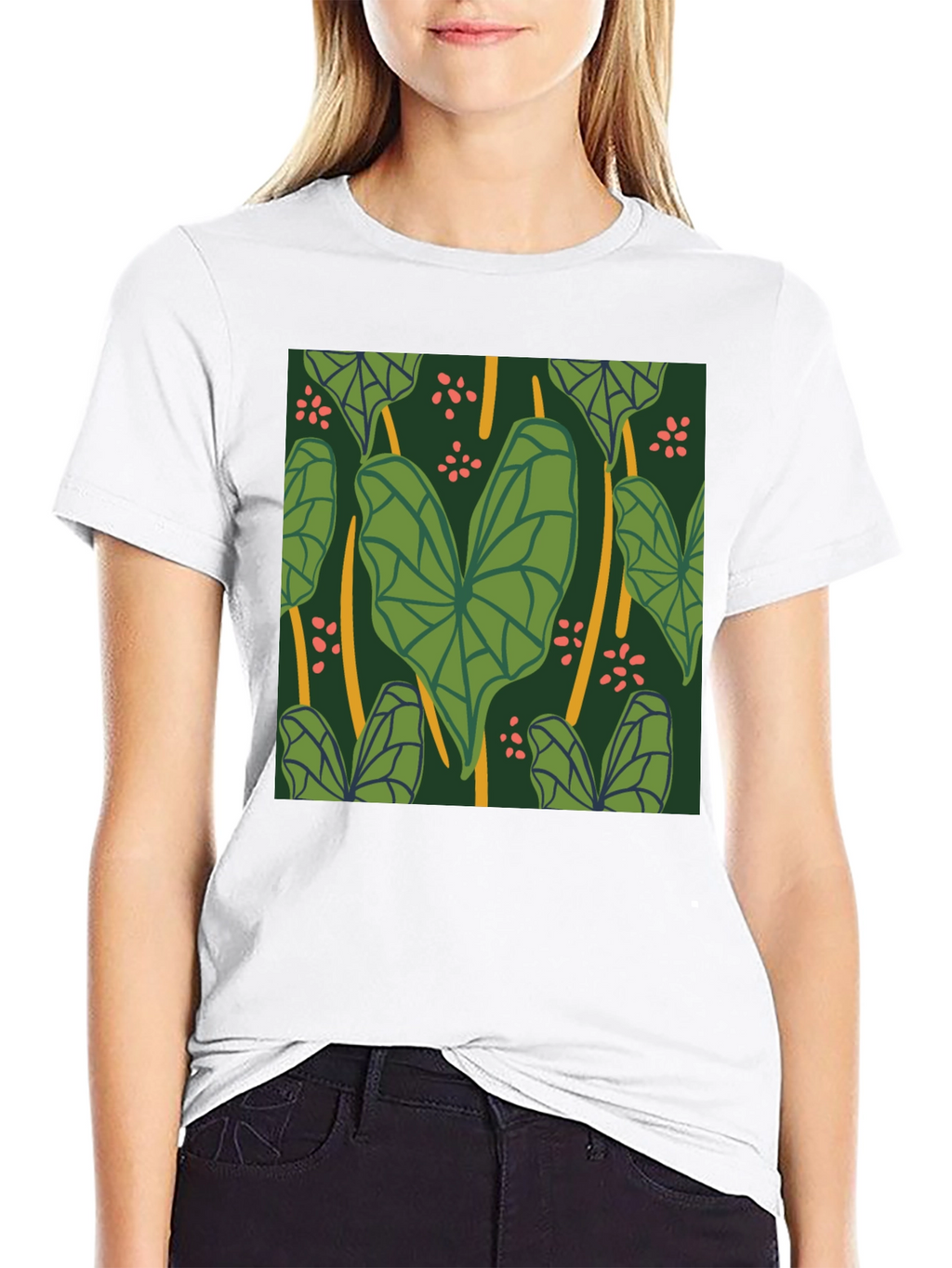 Tropical Leaf Pattern Black T-Shirt