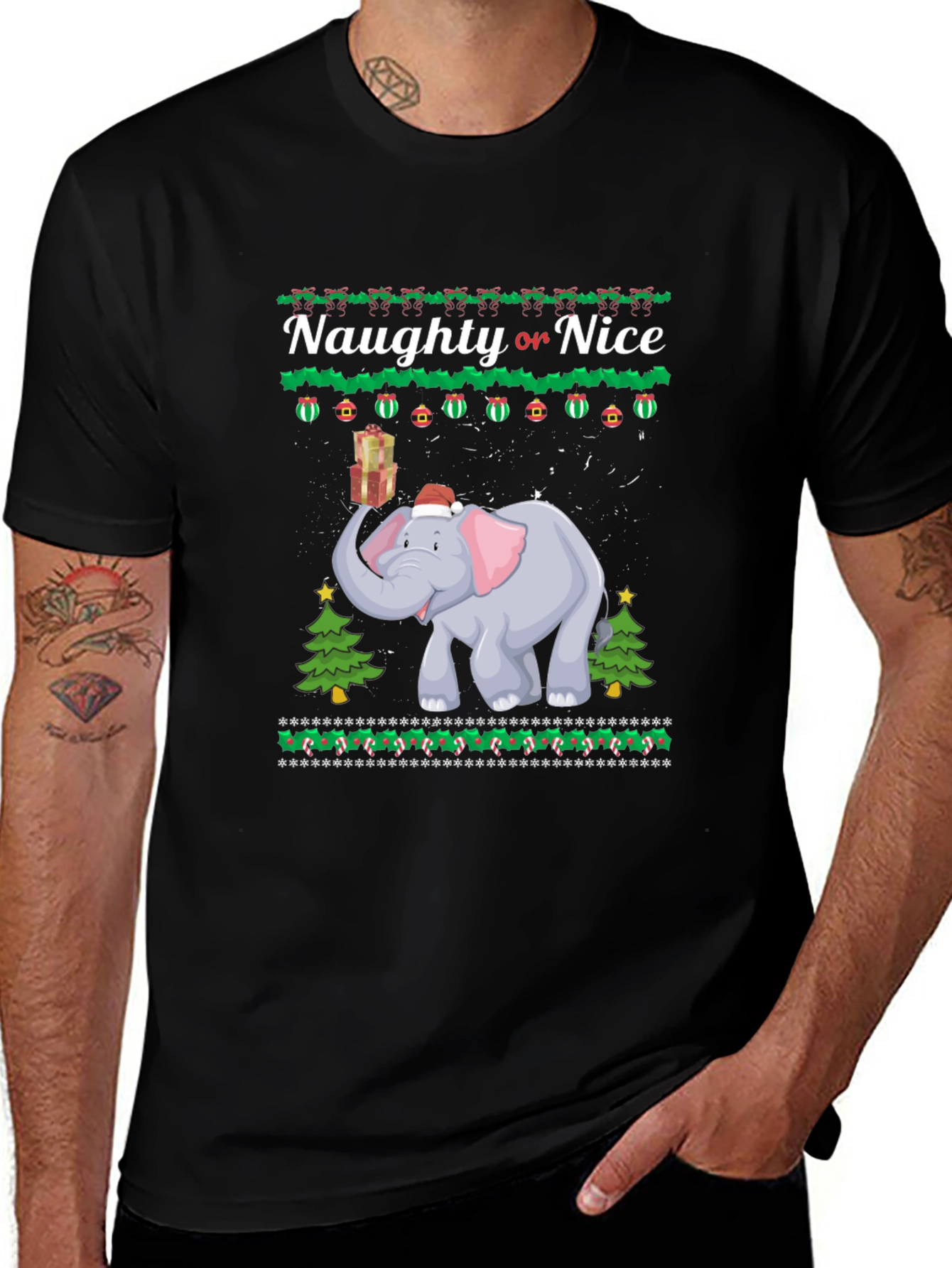 Naughty or Nice Christmas Elephant Graphic T-Shirt