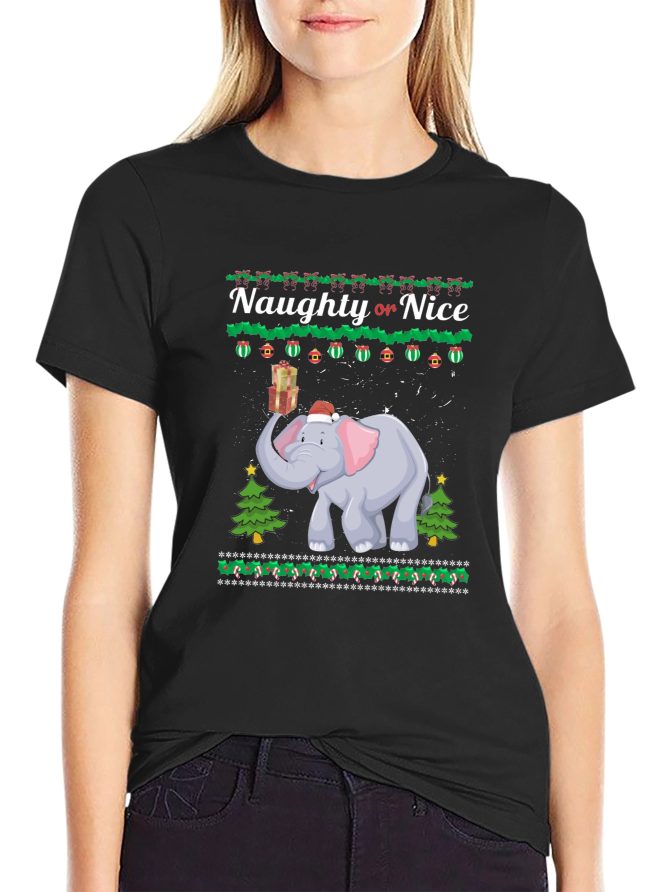 Naughty or Nice Christmas Elephant Graphic T-Shirt