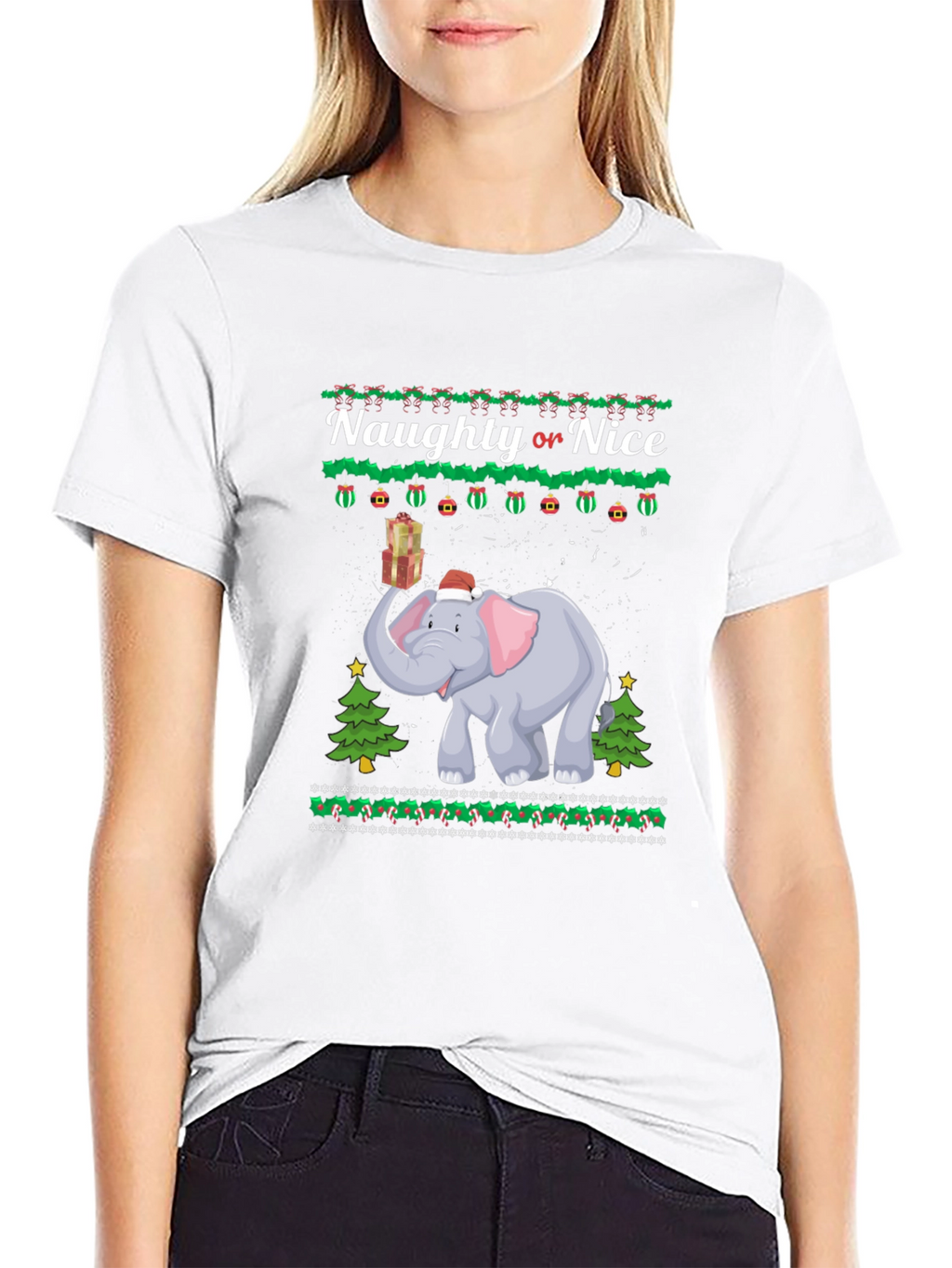 Naughty or Nice Christmas Elephant Graphic T-Shirt