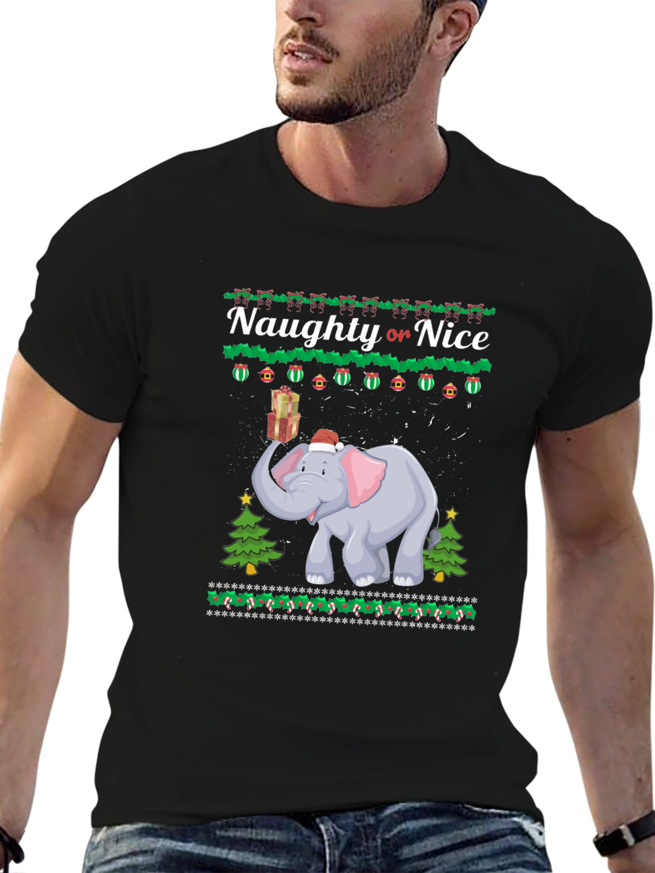Naughty or Nice Christmas Elephant Graphic T-Shirt