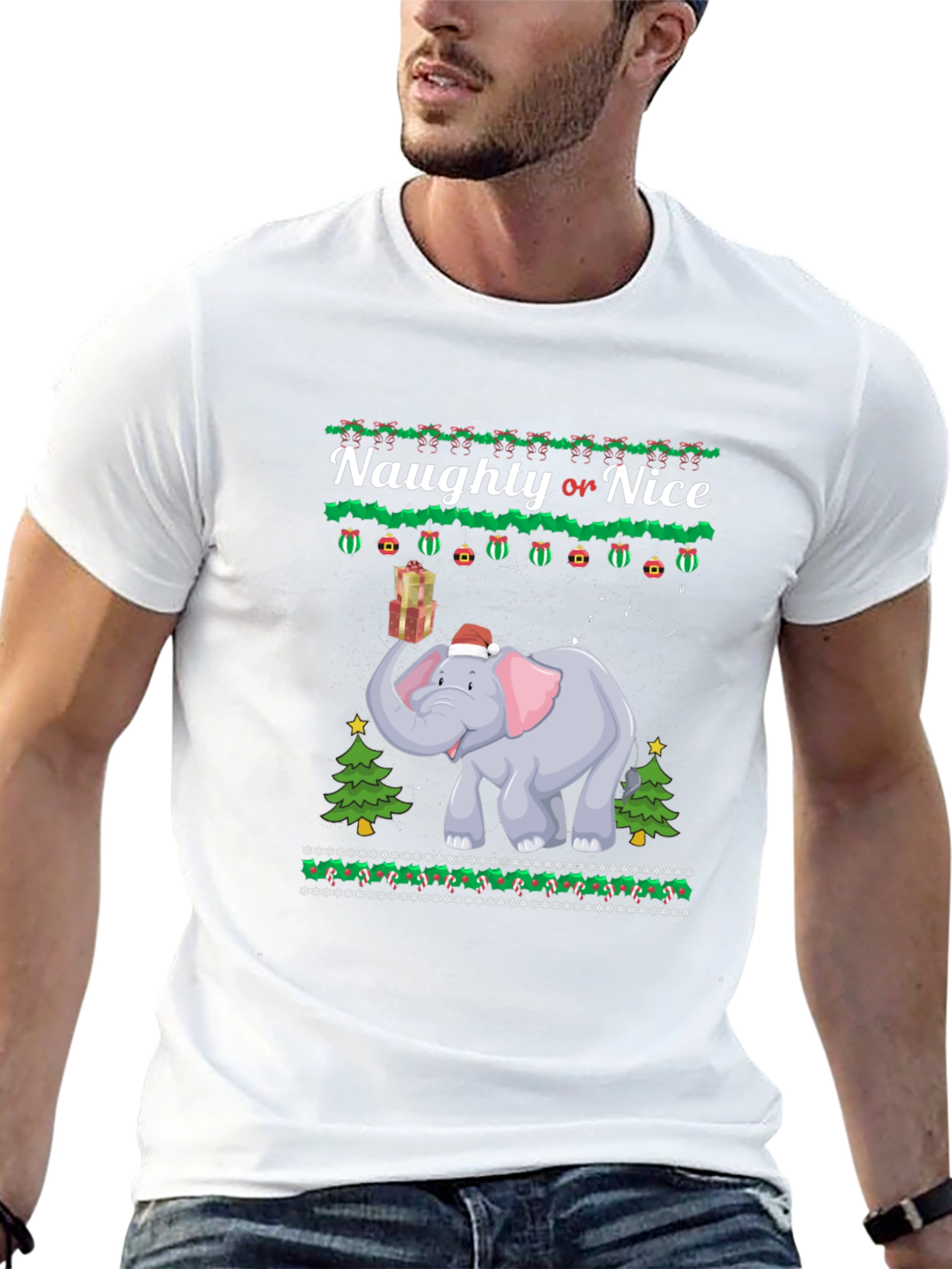 Naughty or Nice Christmas Elephant Graphic T-Shirt
