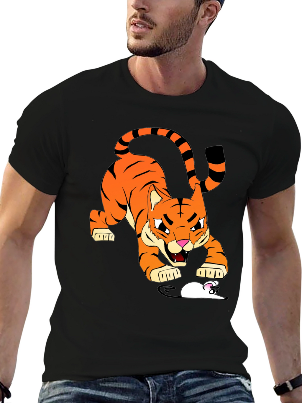 Tiger vs Mouse Cartoon Graphic Black T-Shirt