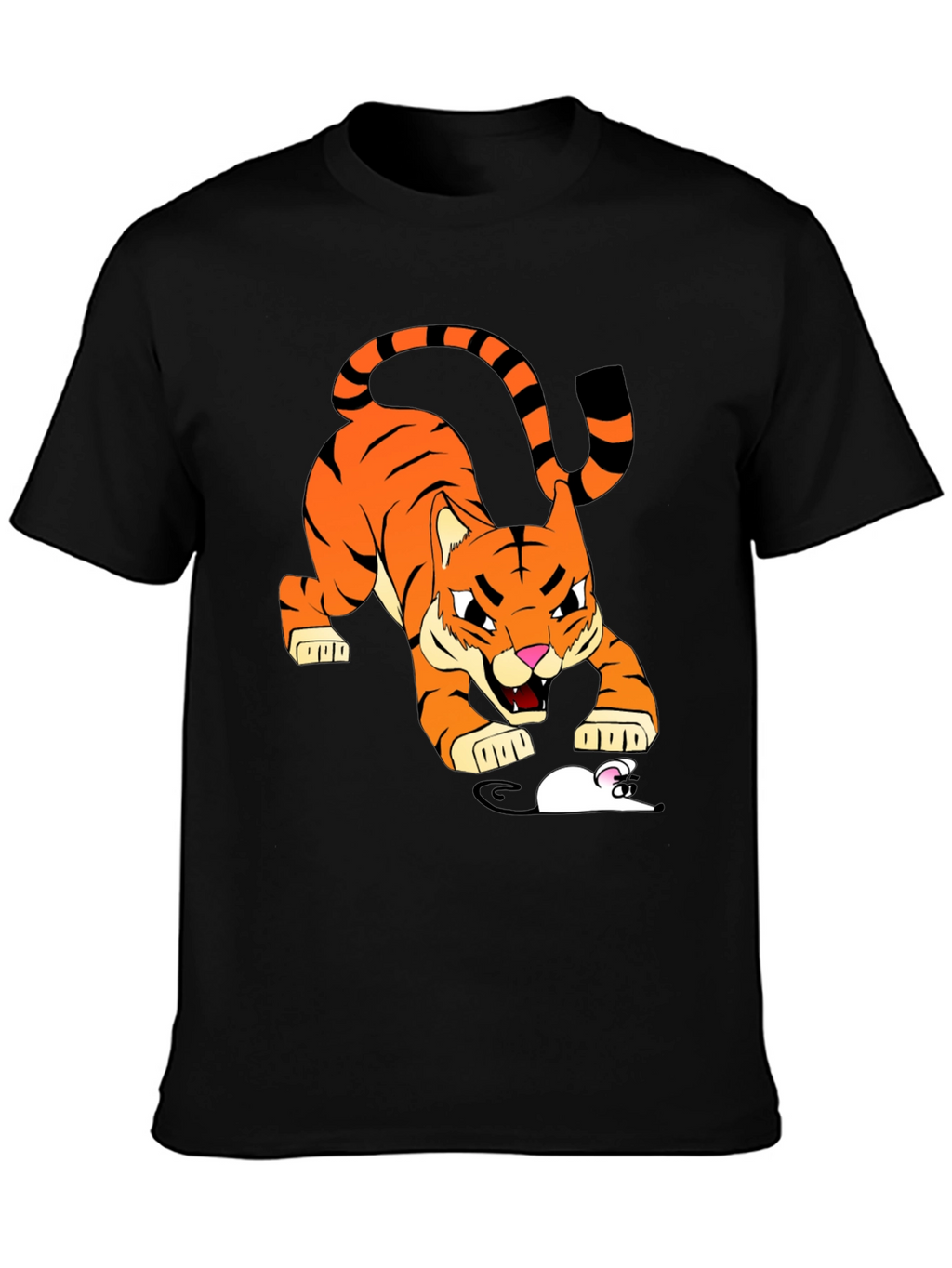 Tiger vs Mouse Cartoon Graphic Black T-Shirt