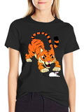 Tiger vs Mouse Cartoon Graphic Black T-Shirt