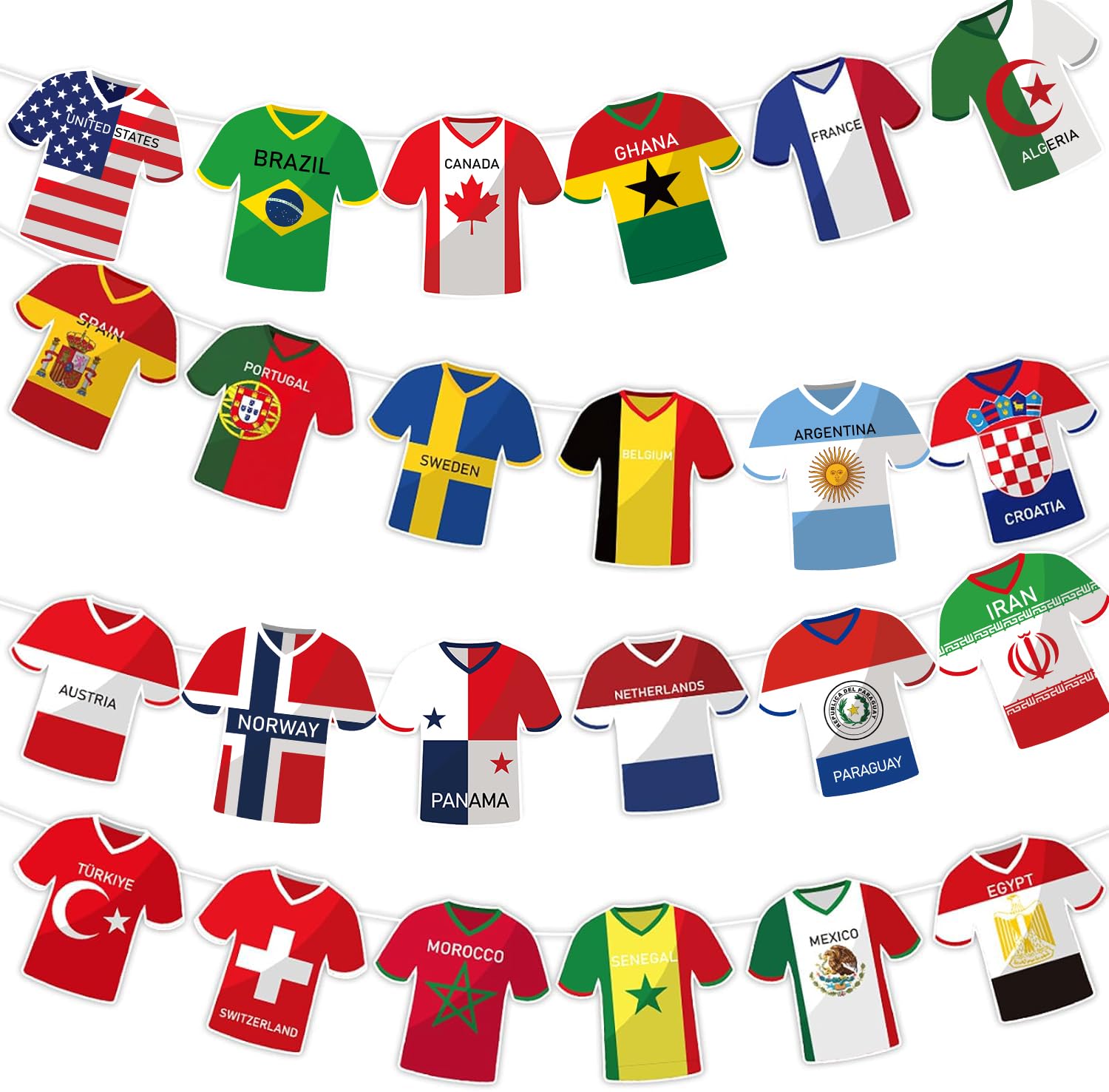 Soccer Jersey Cloth String Flags - 48 Country Bunting Banner for Sports Parties