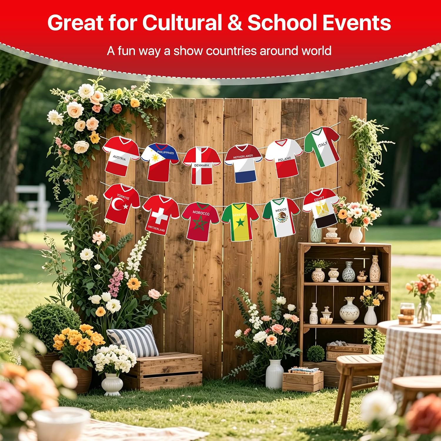 Soccer Jersey Cloth String Flags Garland - 50 Pcs Country Bunting Banner